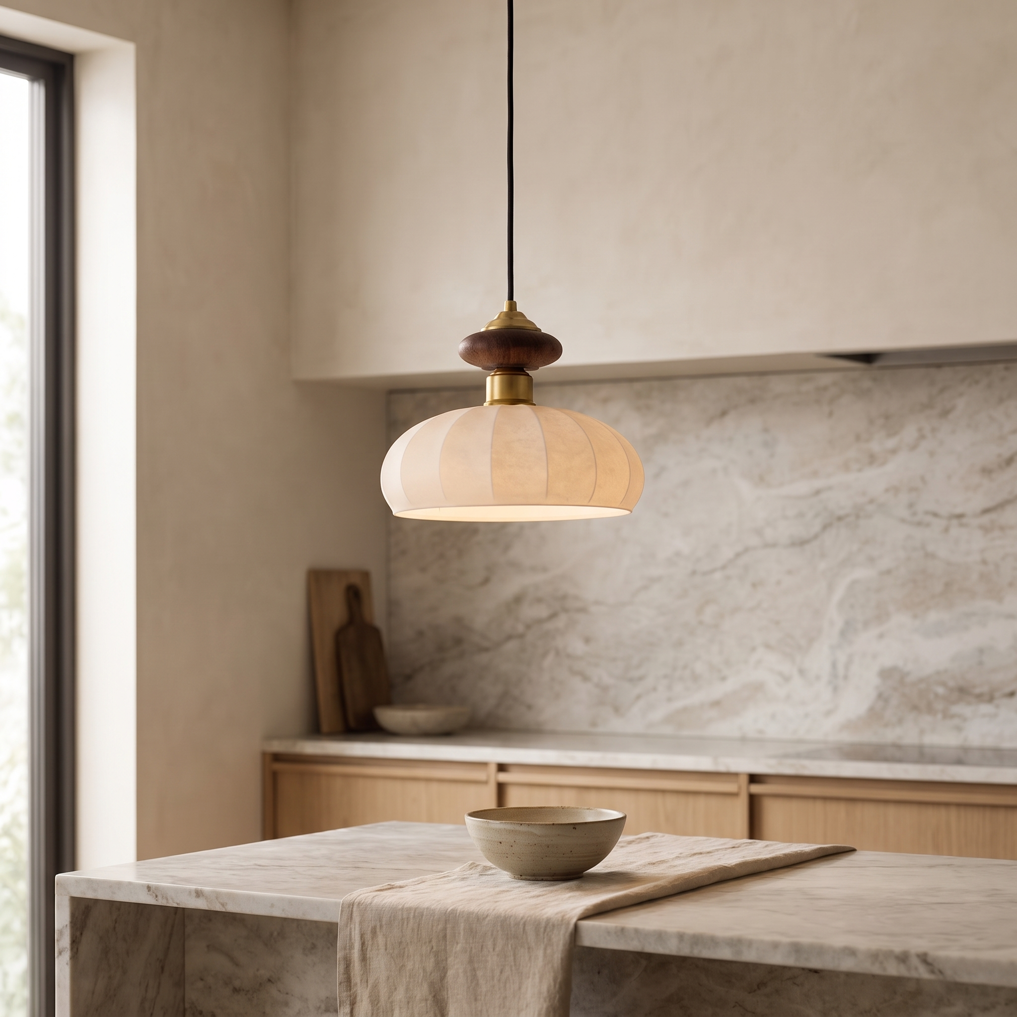 Belvaro Brass and Walnut Glass Pendant in a modern luxury kitchen