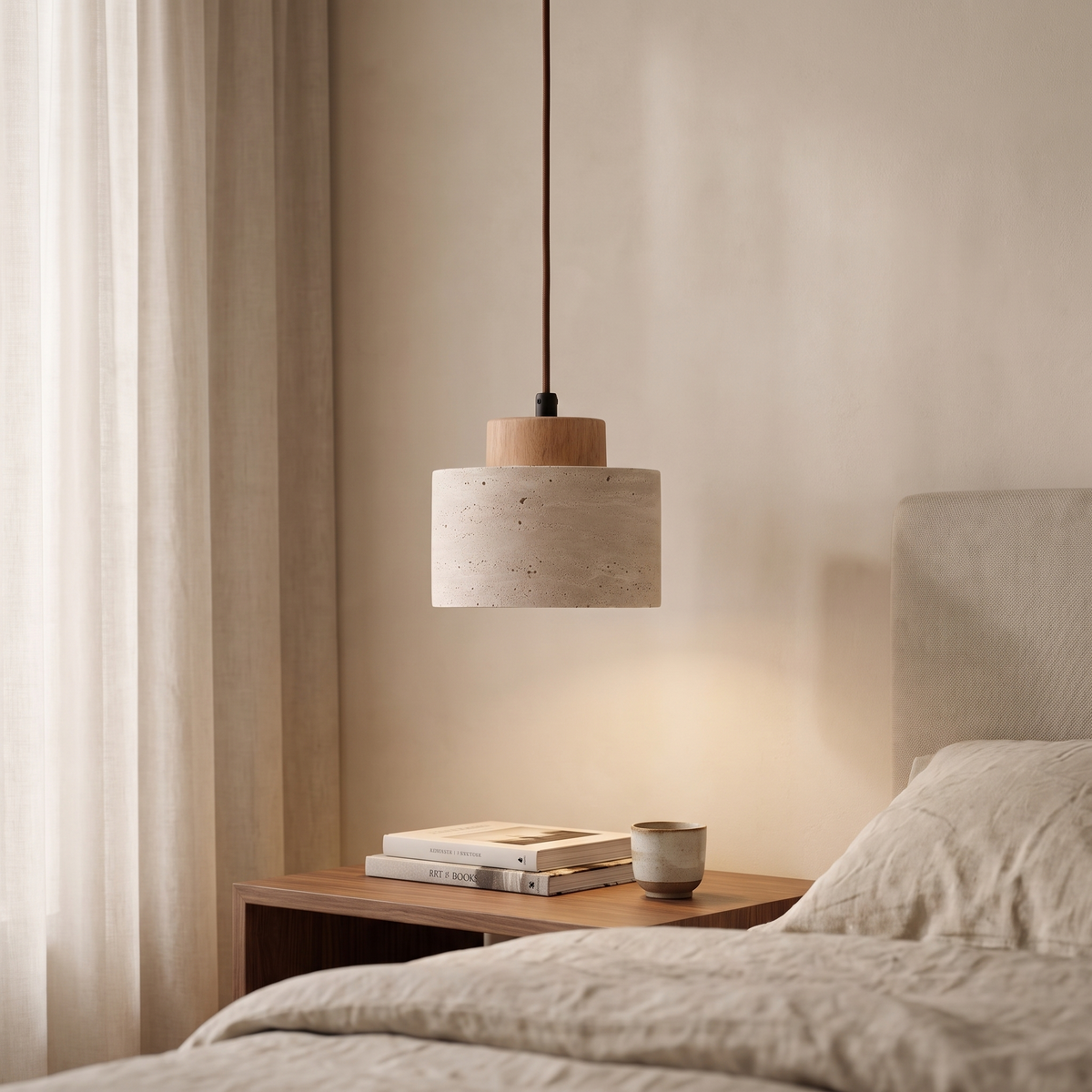 Ravelle Nordic Travertine Pendant Lamp in a modern luxury bedroom