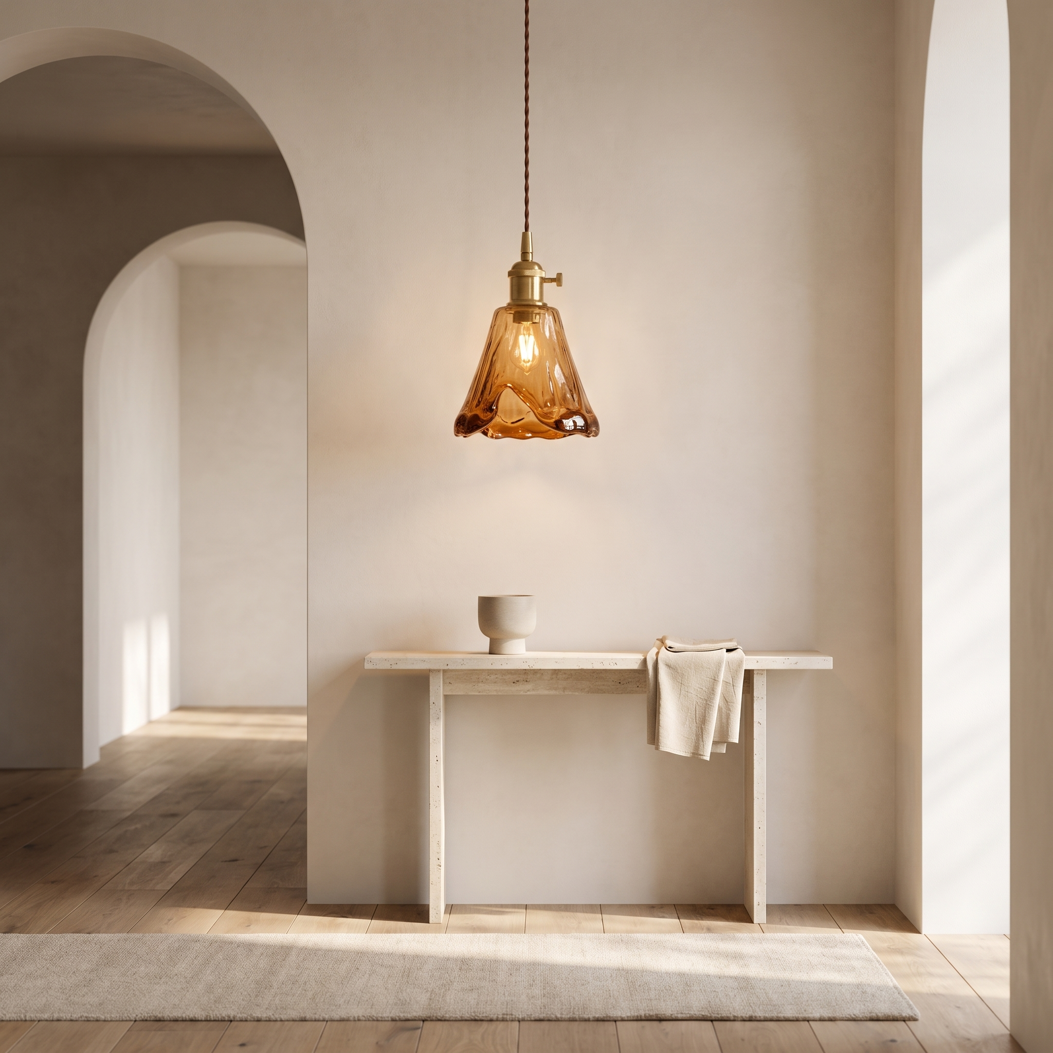 Corvane Vintage Brass Pendant Light in a modern luxury entry hall