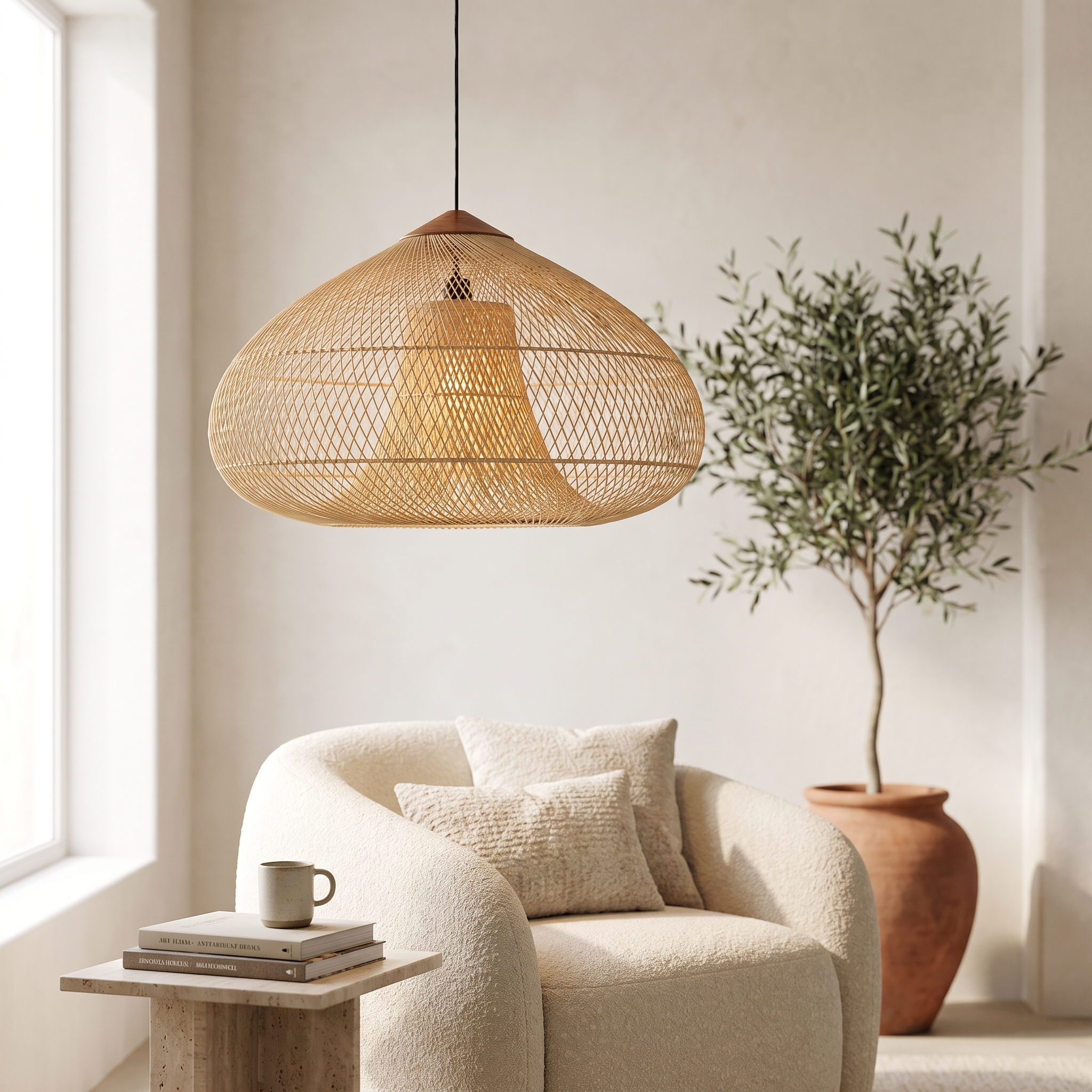Milaya Handwoven Rattan Pendant Light in a modern luxury living room