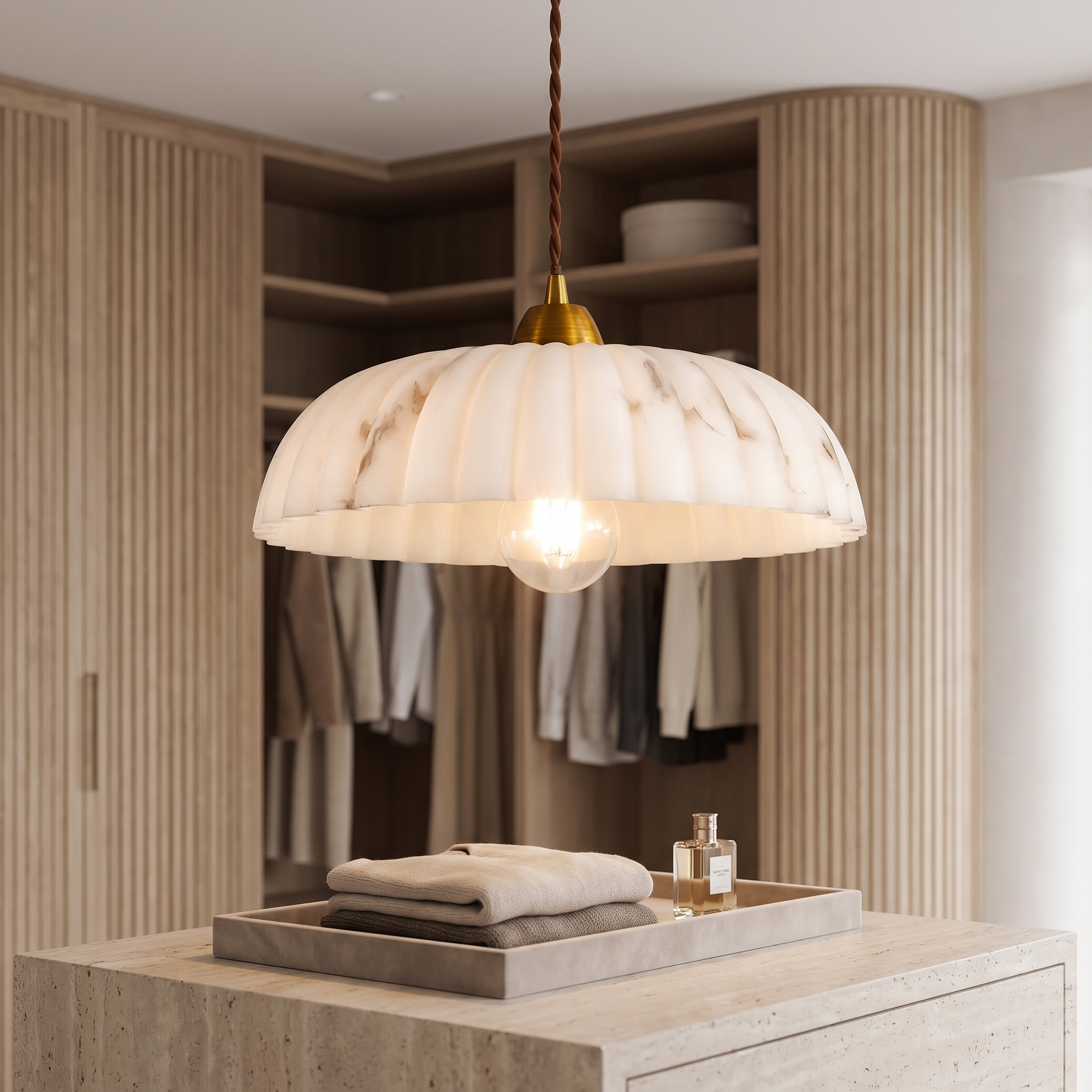 Elarose Alabaster and Antique Gold Pendant in a modern luxury dressing room