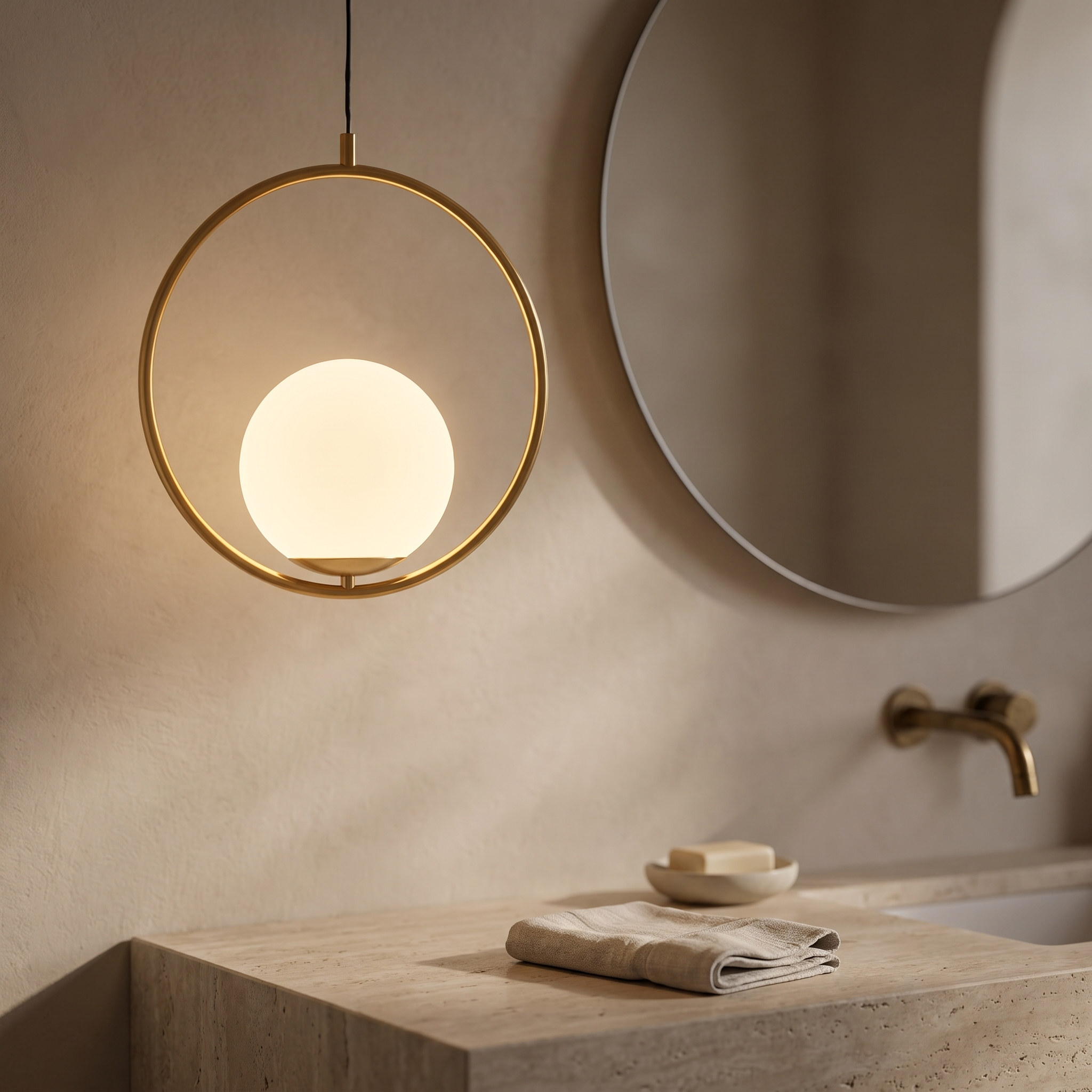 Ostrella Brass Glass Globe Pendant Light in a modern luxury powder room