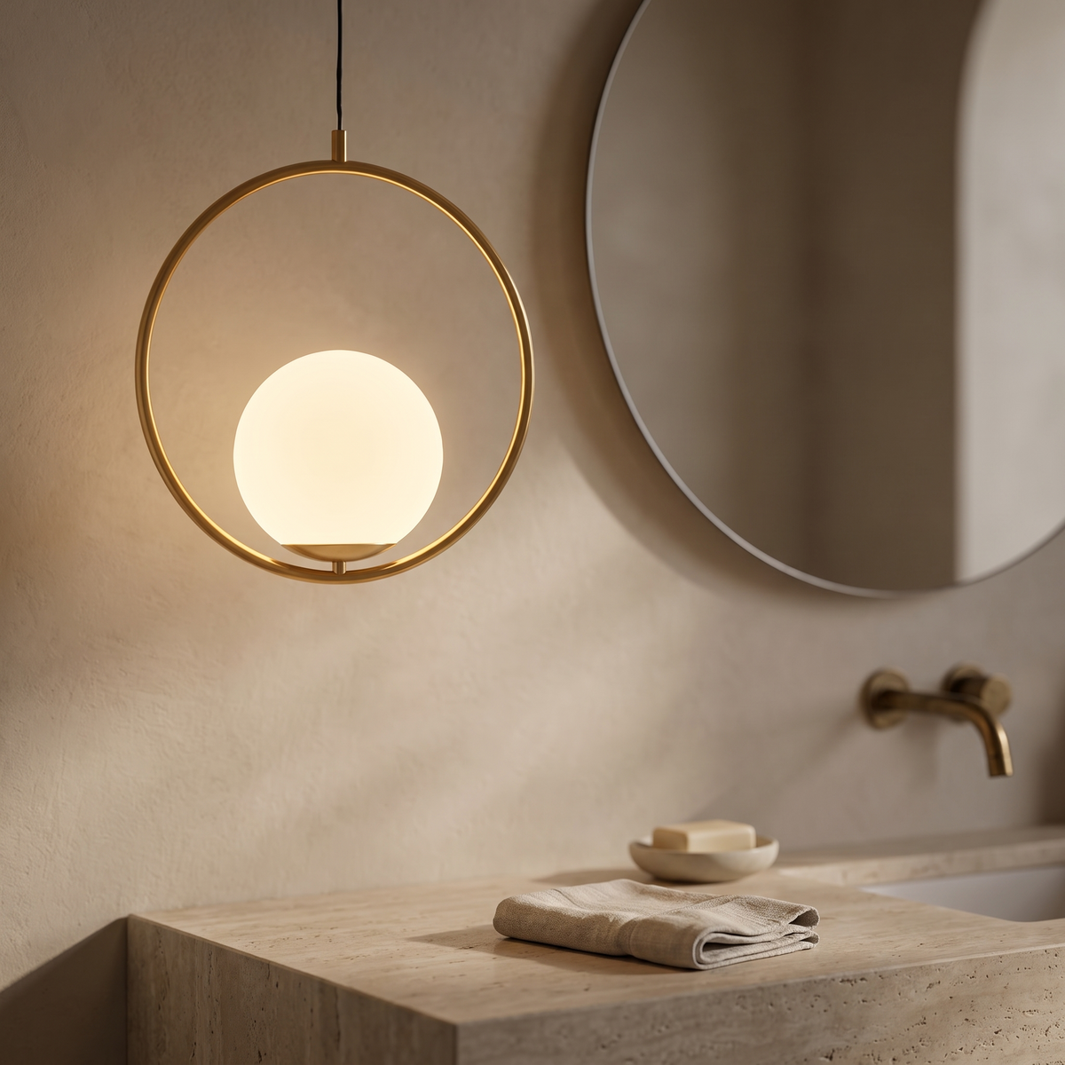 Ostrella Brass Glass Globe Pendant Light in a modern luxury powder room