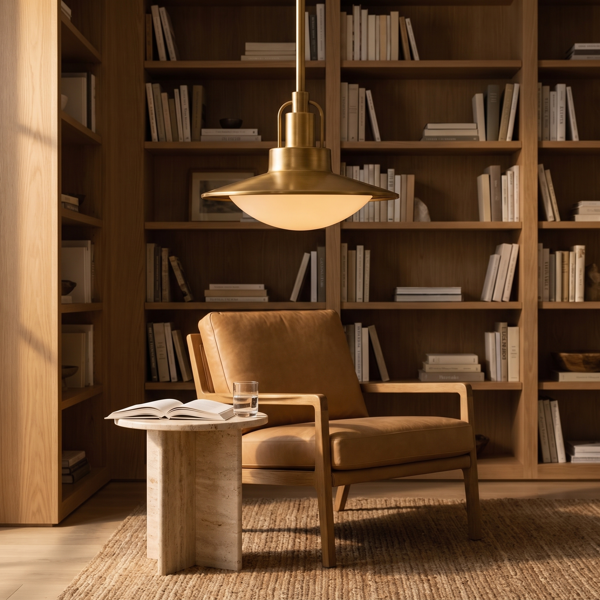 Sorrenza Brass Saucer Pendant Light in a modern luxury home library