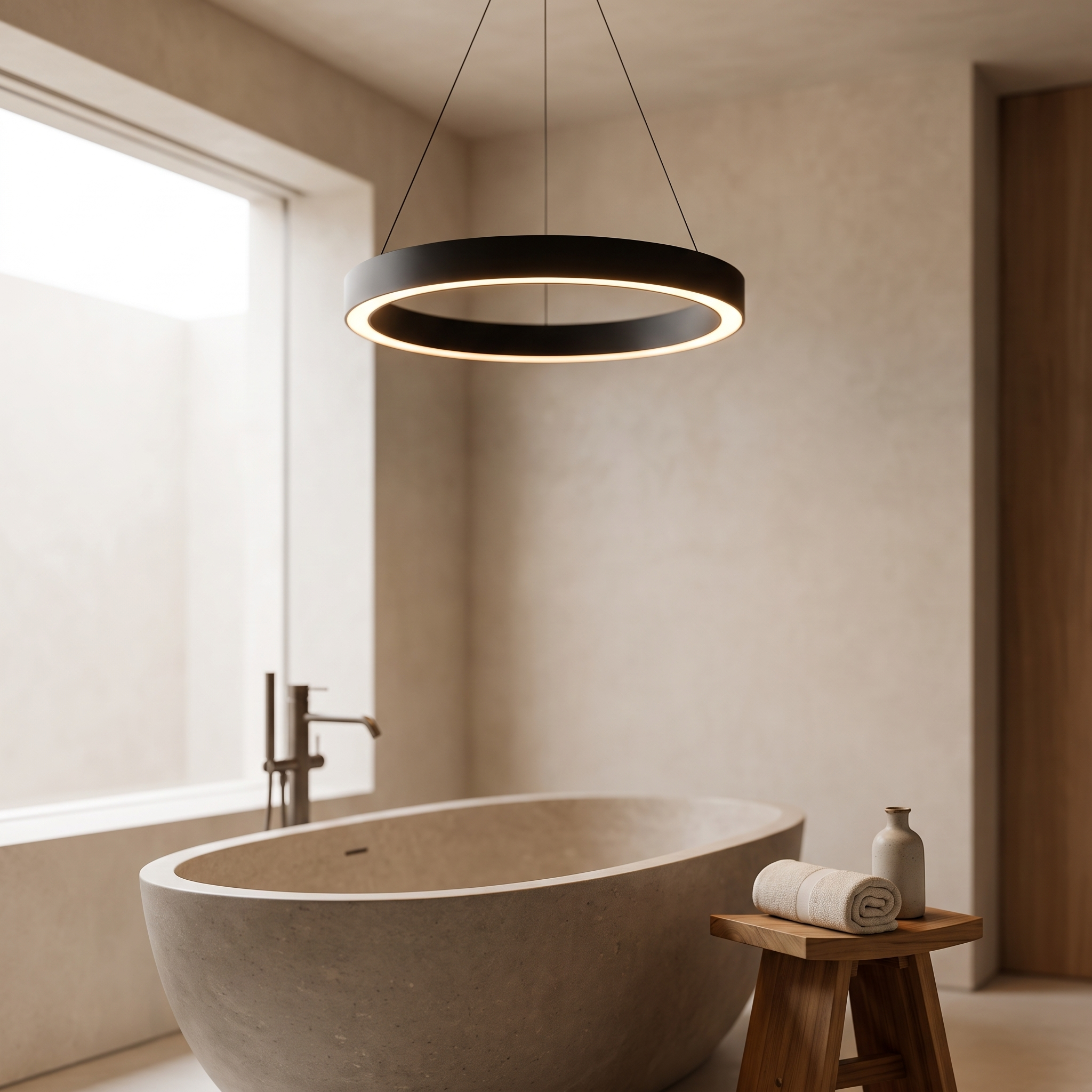 Orvella Round Acrylic LED Ring Pendant in a modern luxury bathroom