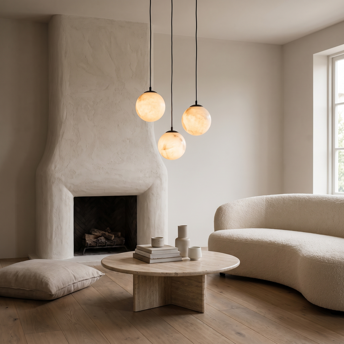 Lunaris Alabaster Globe Pendant Light in a modern luxury sitting room