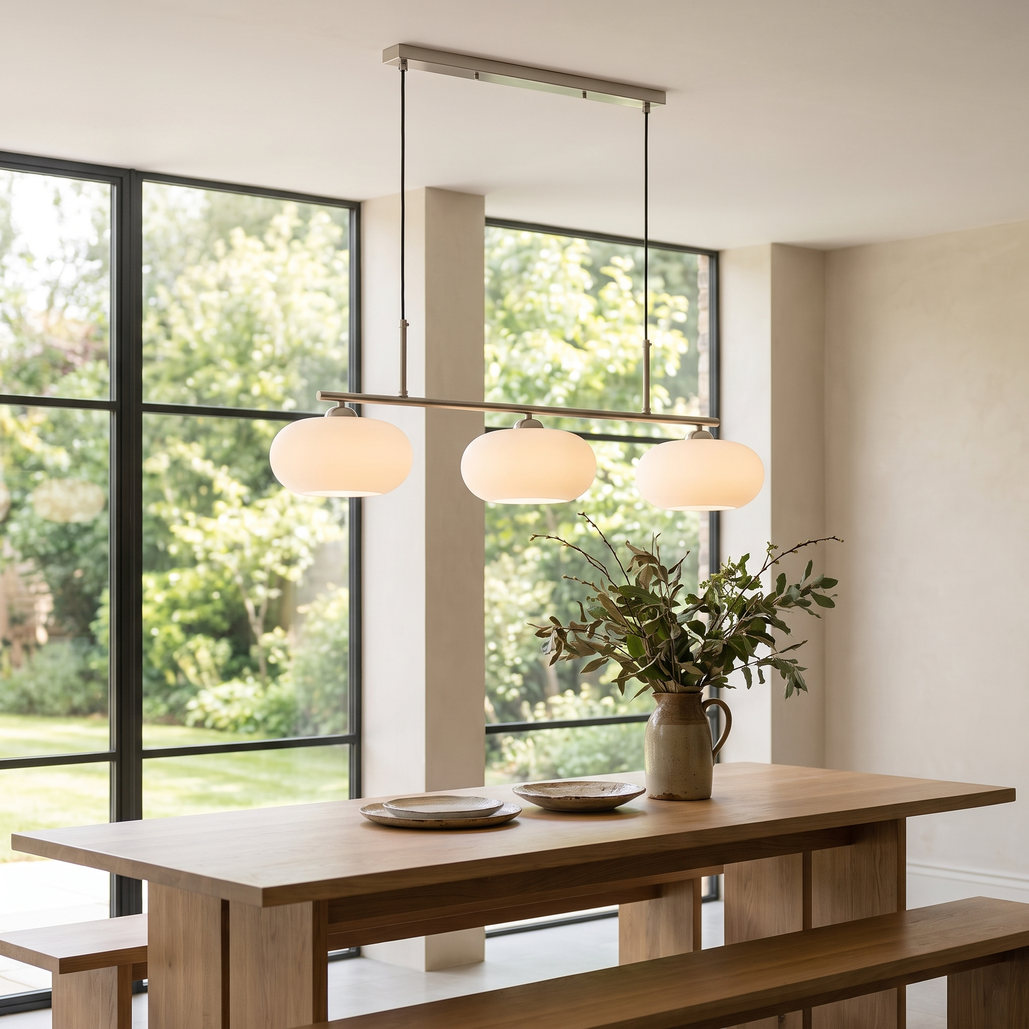 Astevin Sculptural Three Head Pendant Light in a modern luxury garden room