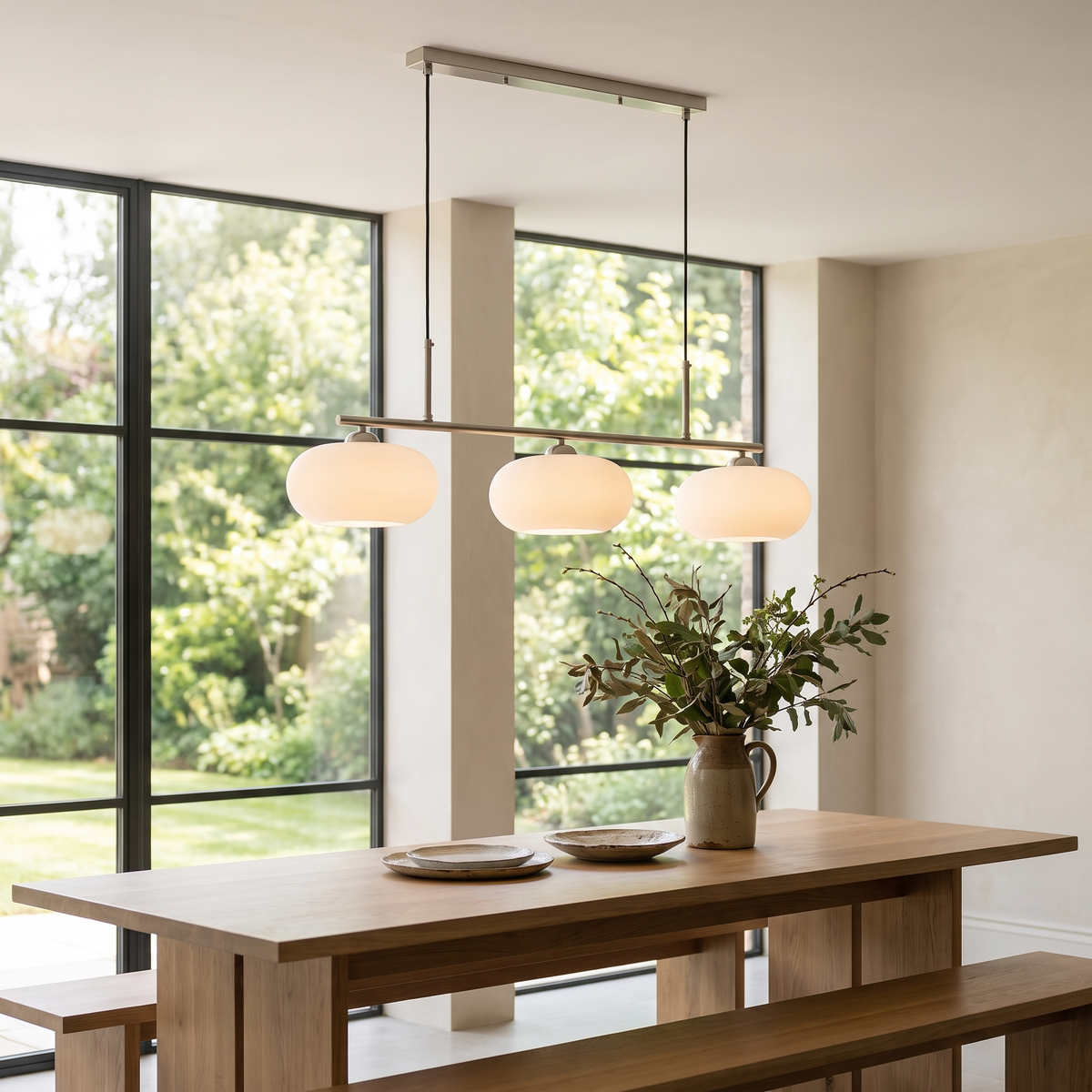 Astevin Sculptural Three Head Pendant Light in a modern luxury garden room