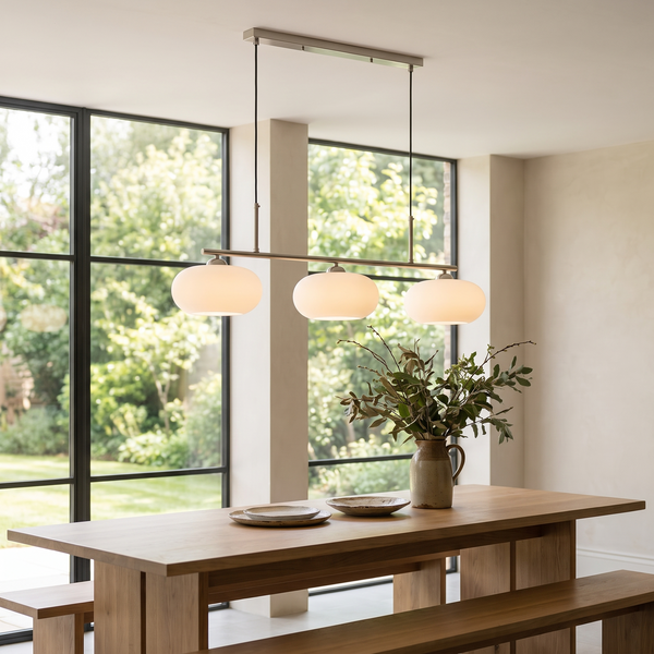 Astevin Sculptural Three Head Pendant Light in a modern luxury garden room