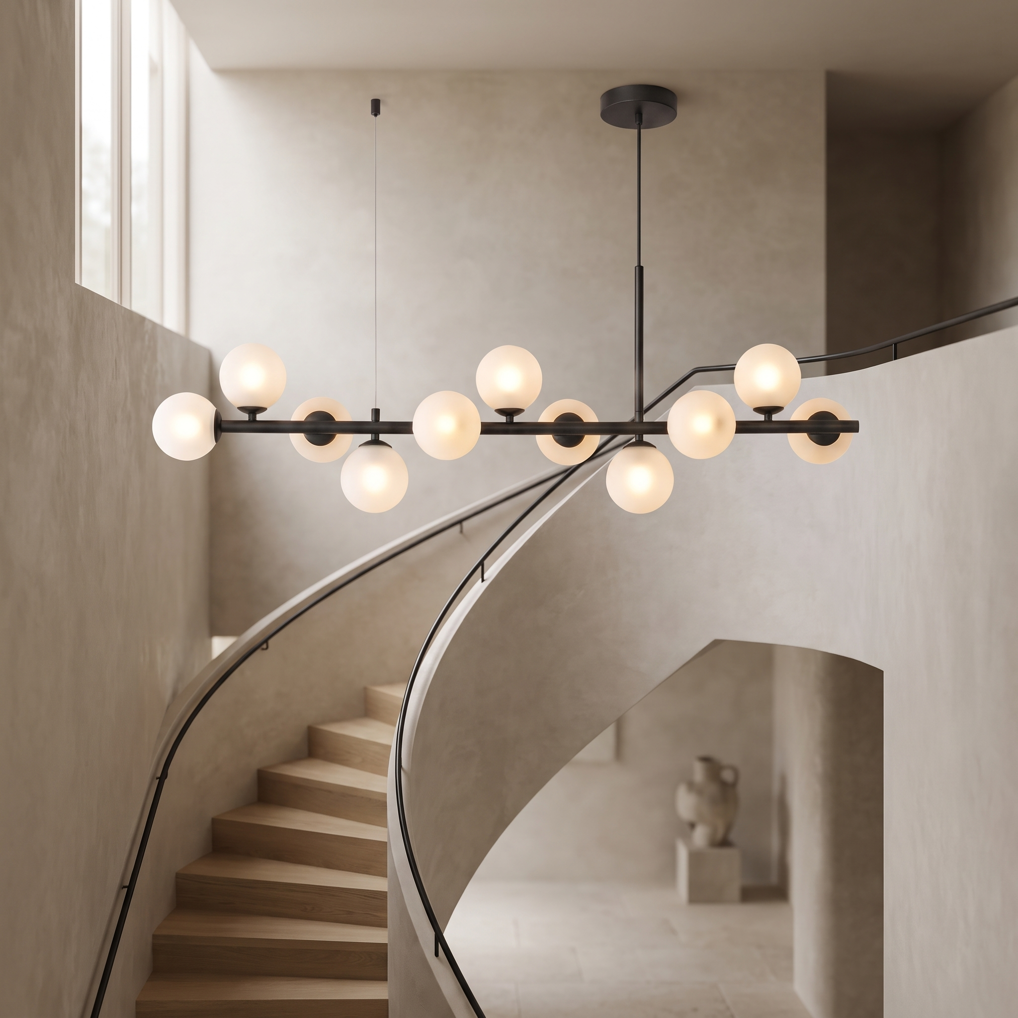 Solvienne Glass Globe Cluster Chandelier in a modern luxury stairwell