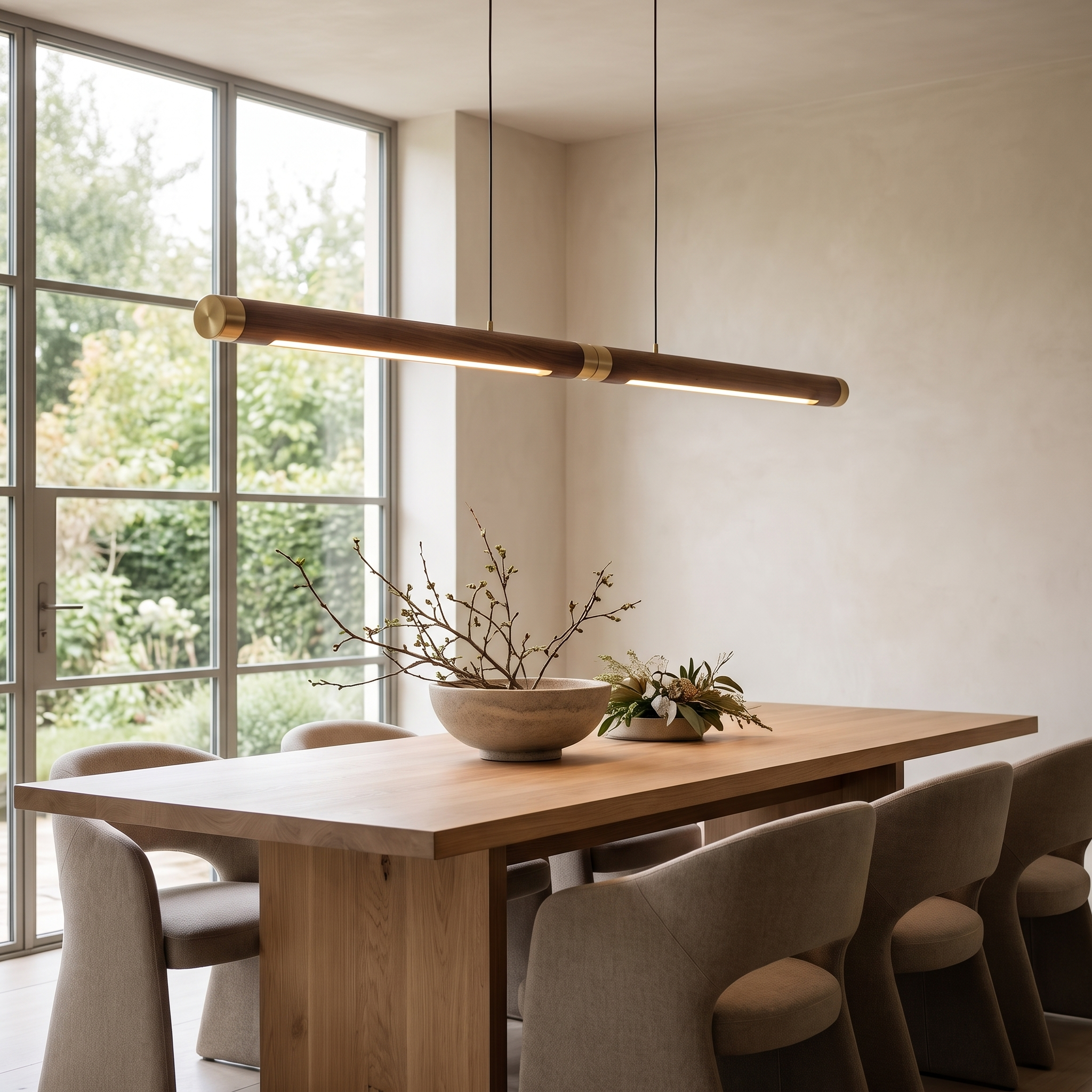 Norvella Walnut Linear LED Pendant Light in a modern luxury dining room
