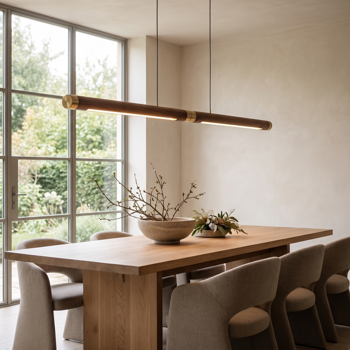 Norvella Walnut Linear LED Pendant Light in a modern luxury dining room
