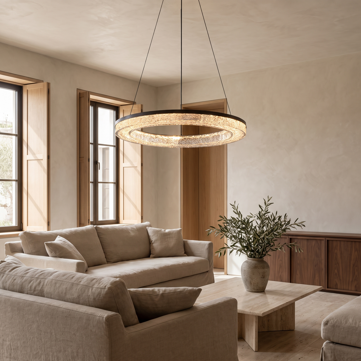 Faurelle Copper Ring Pendant Light in a coastal living room