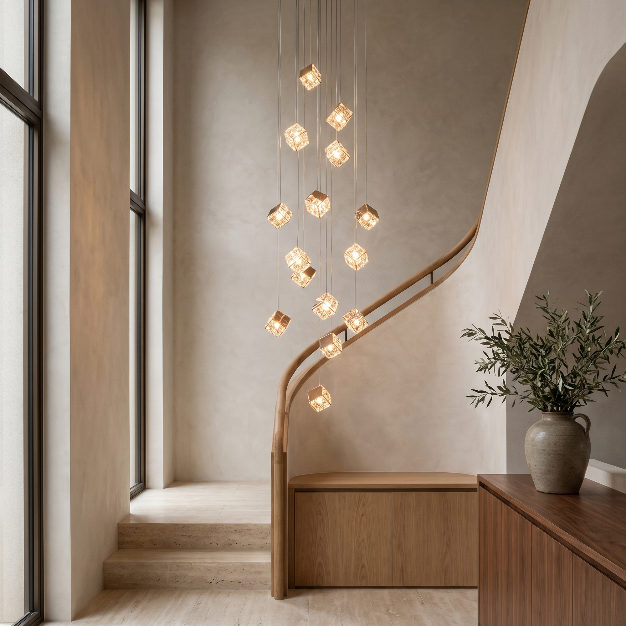 Jarelle Tall Crystal Chandelier in a stairwell