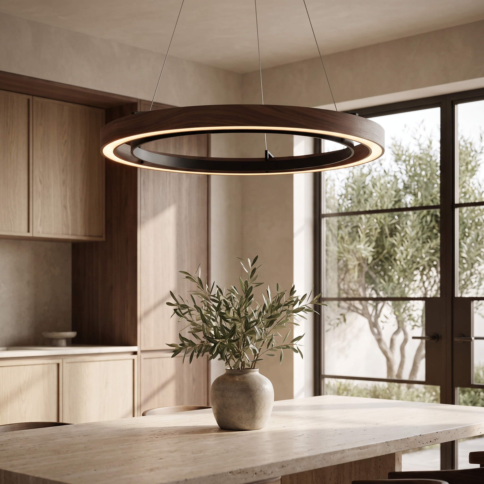 Jorvane Slim LED Ring Chandelier in a garden dining room