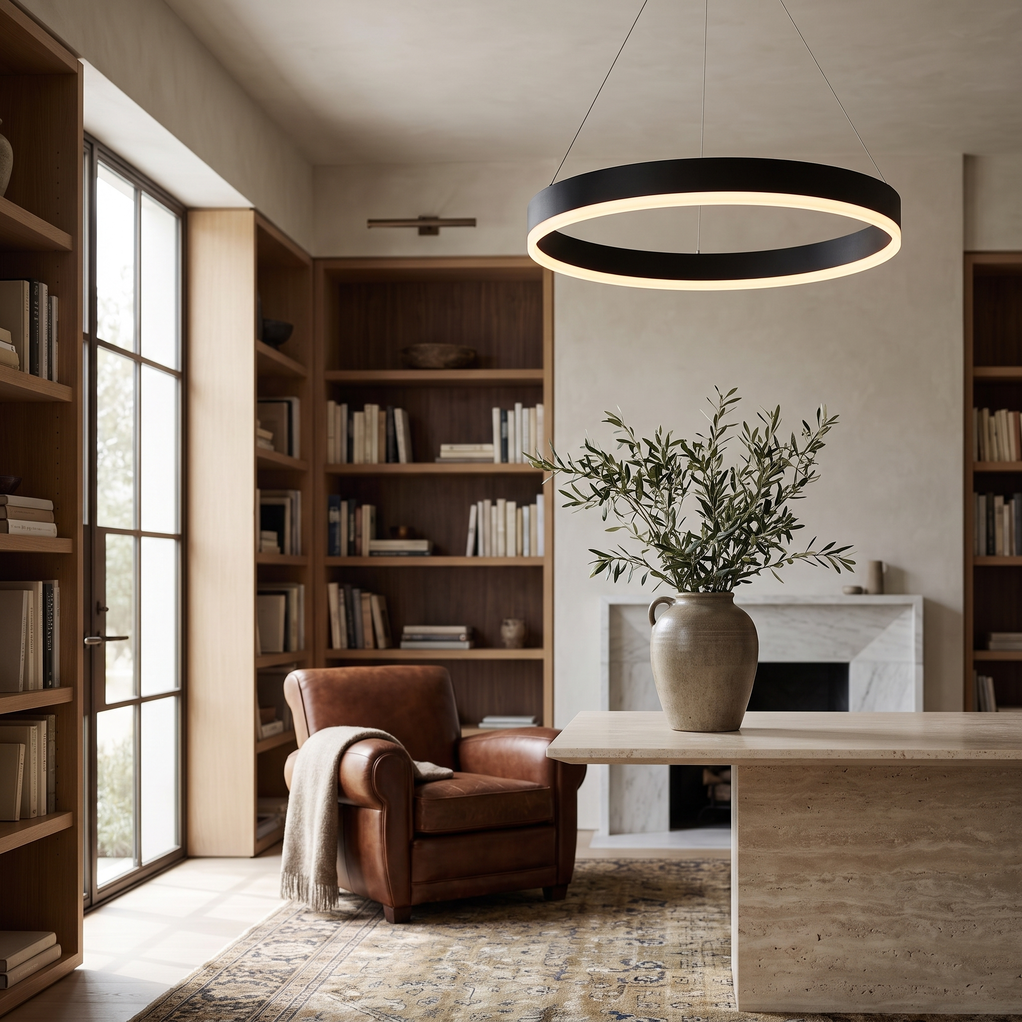 Genvaro Ring LED Pendant Light in a home library