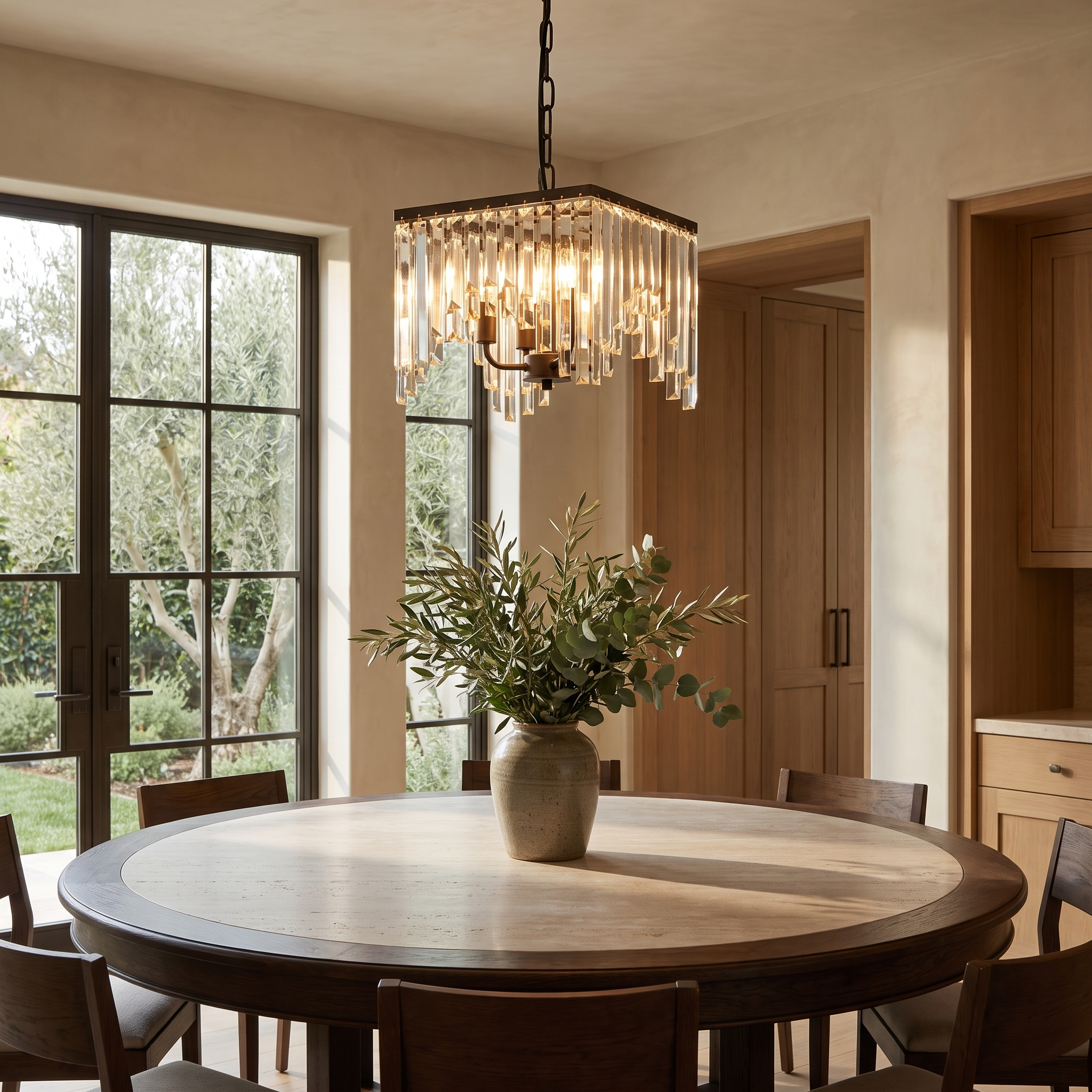 Kervelle Compact Crystal Chandelier in a garden dining room