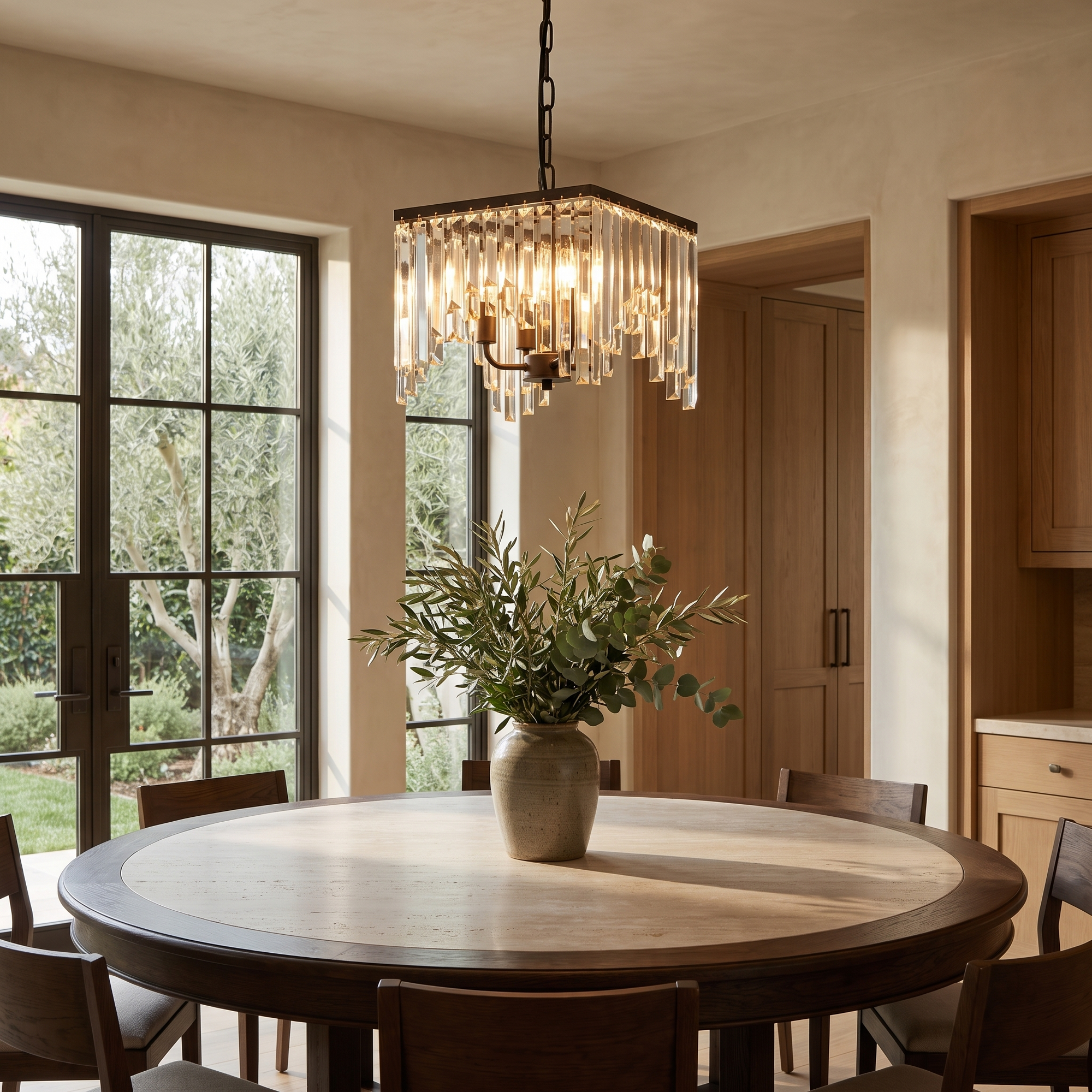 Kervelle Compact Crystal Chandelier in a garden dining room