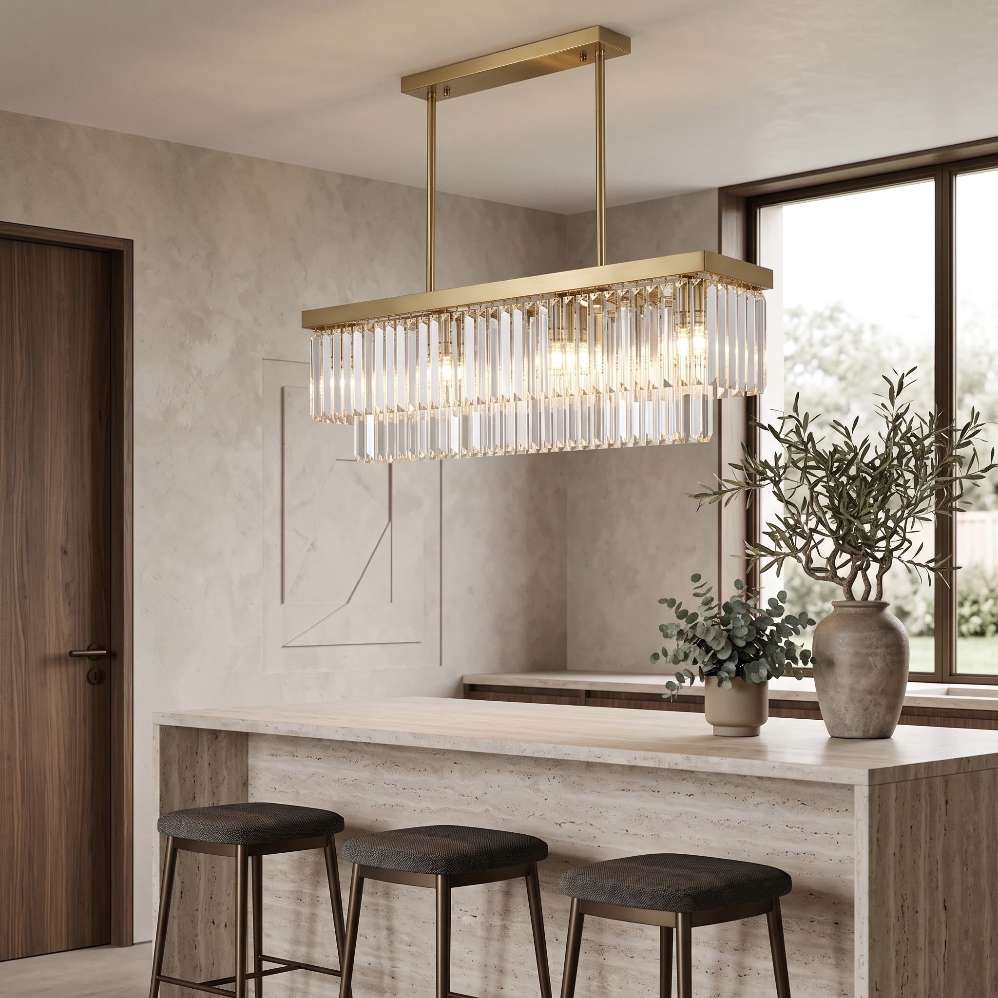 Lorvane Linear Crystal Chandelier over a kitchen island