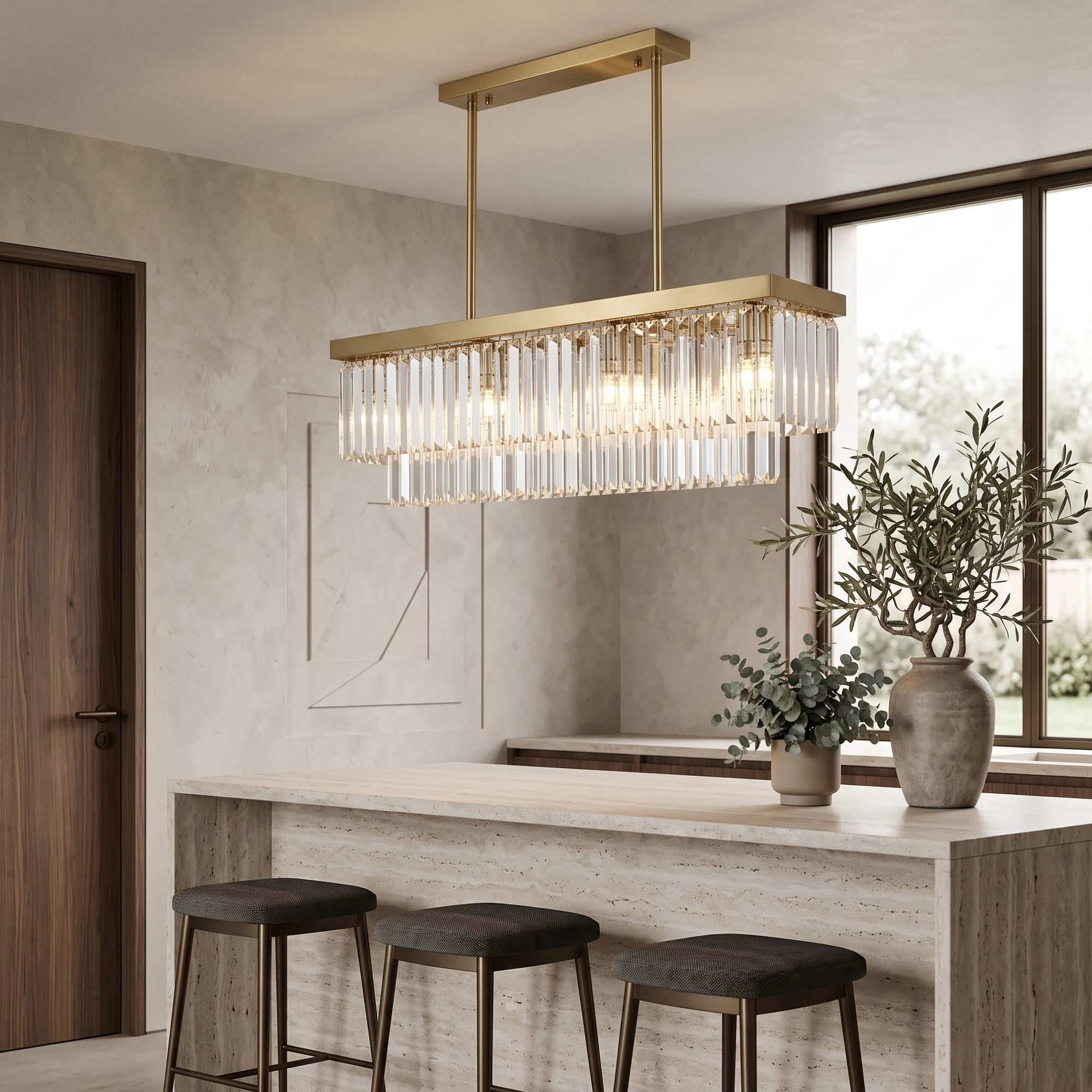 Lorvane Linear Crystal Chandelier over a kitchen island