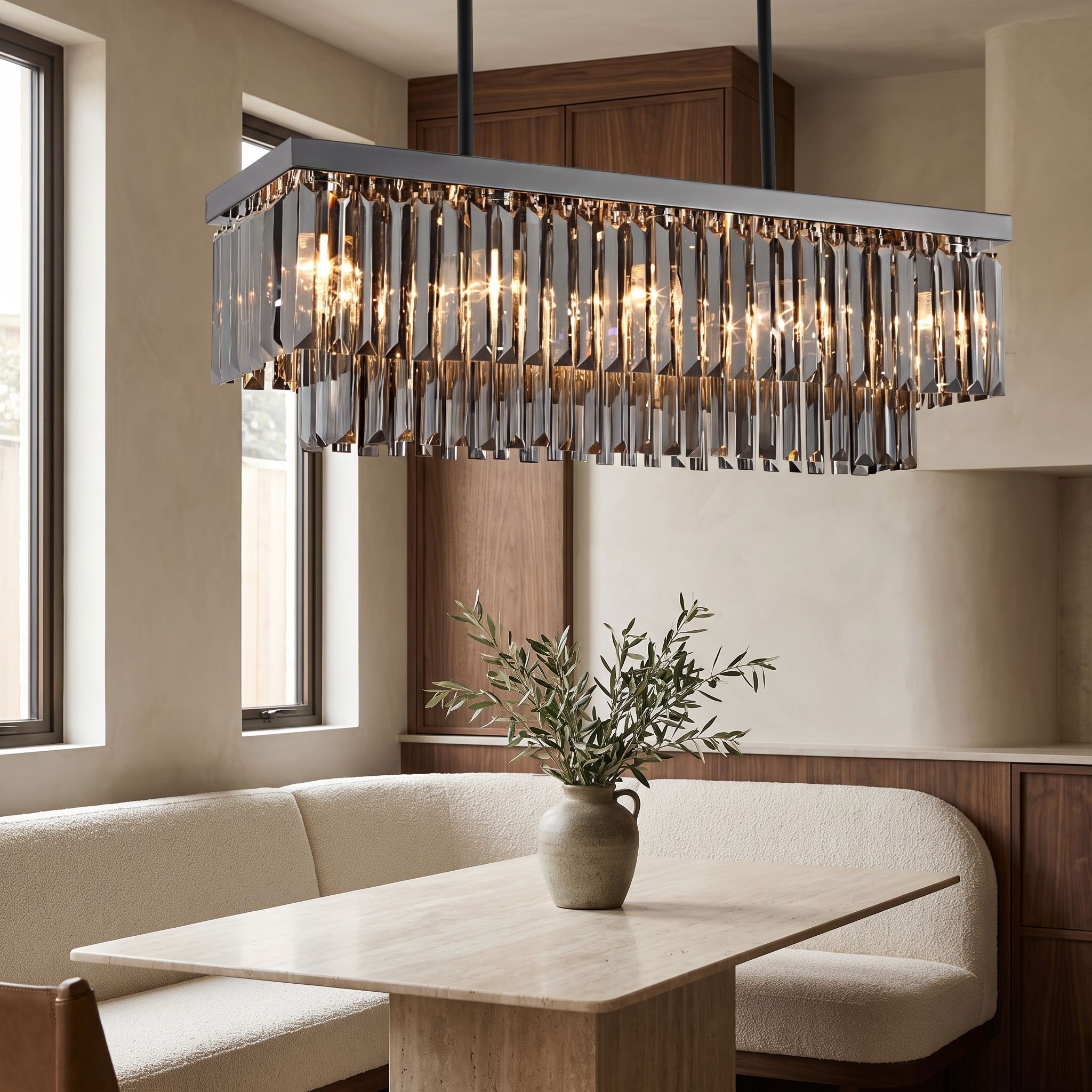 Kalvenn Smoked Crystal Chandelier in a banquette dining corner