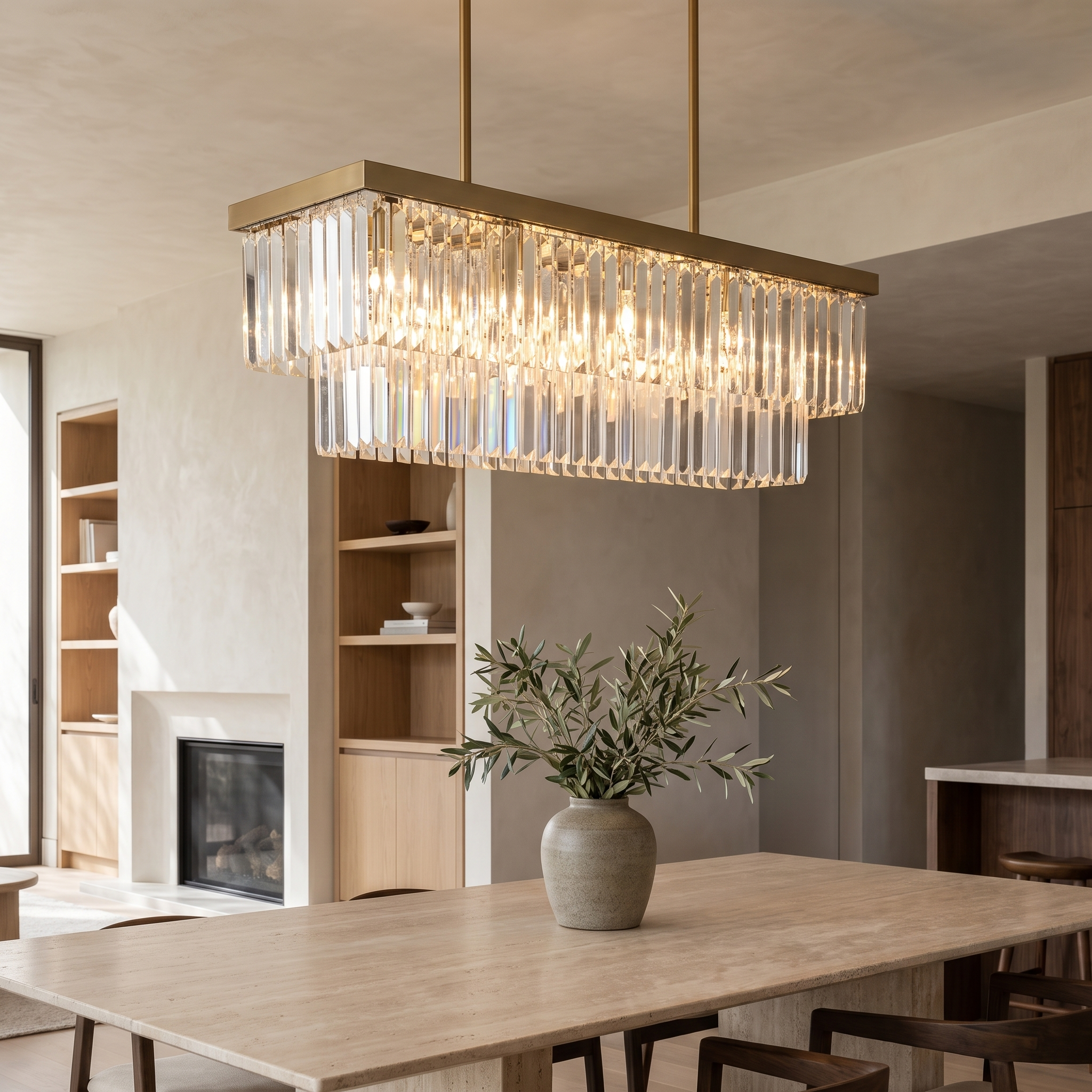 Lyndara Gold Crystal Chandelier in an open-plan dining area