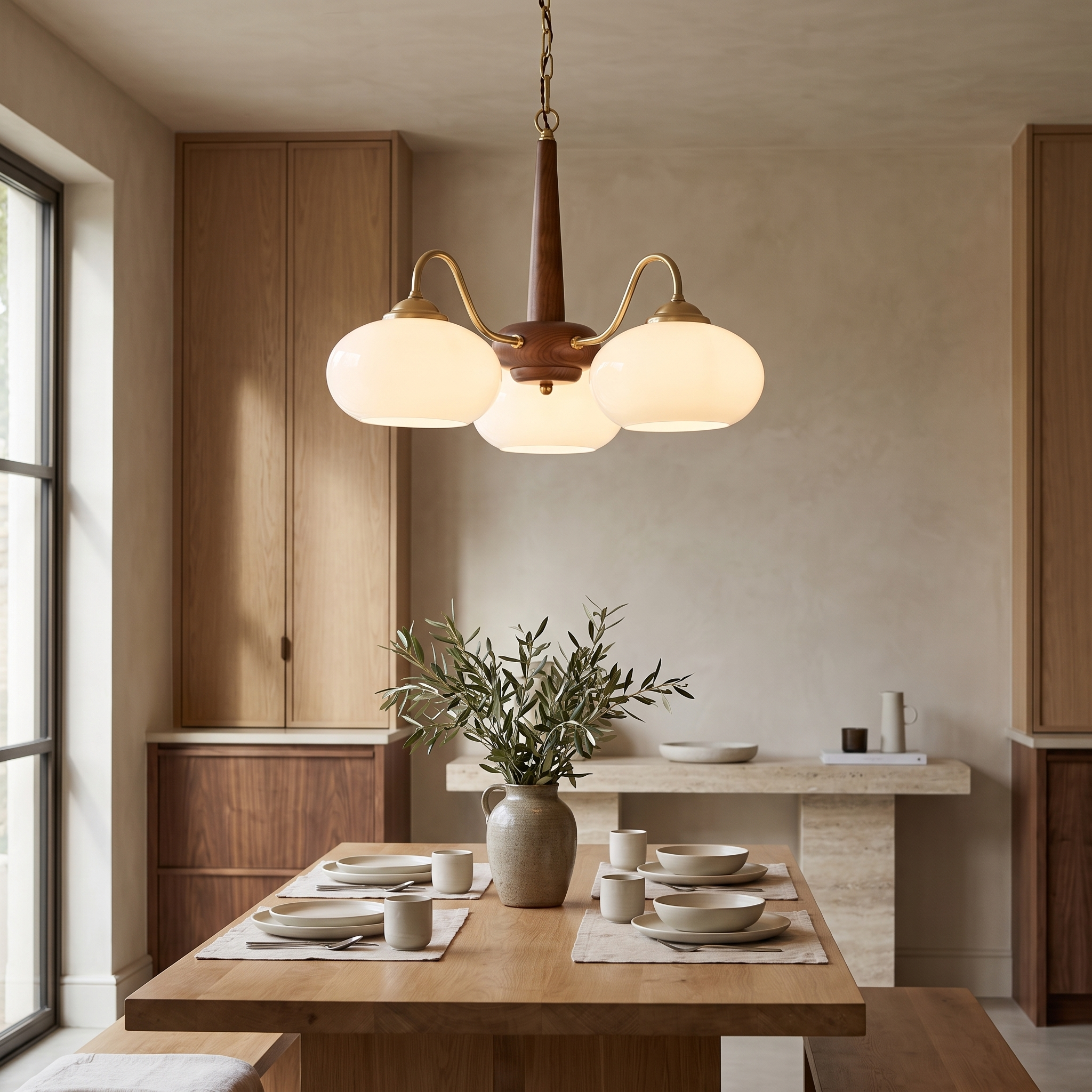 Marovel Walnut Brass Chandelier in a dining room