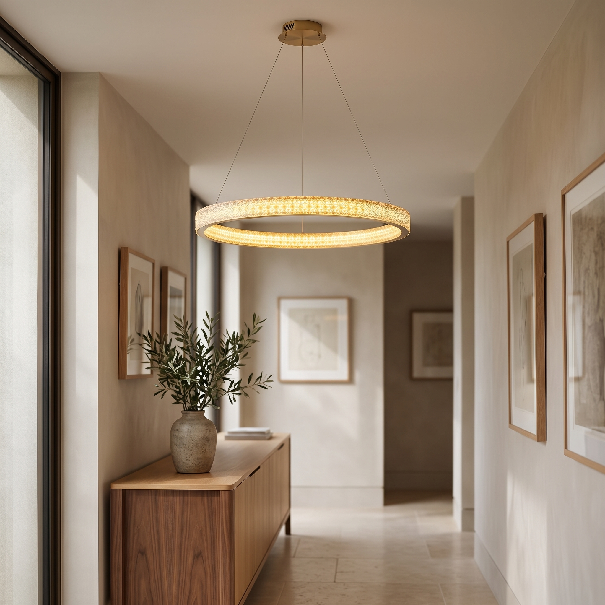 Lumeva Circular LED Chandelier in a gallery hallway