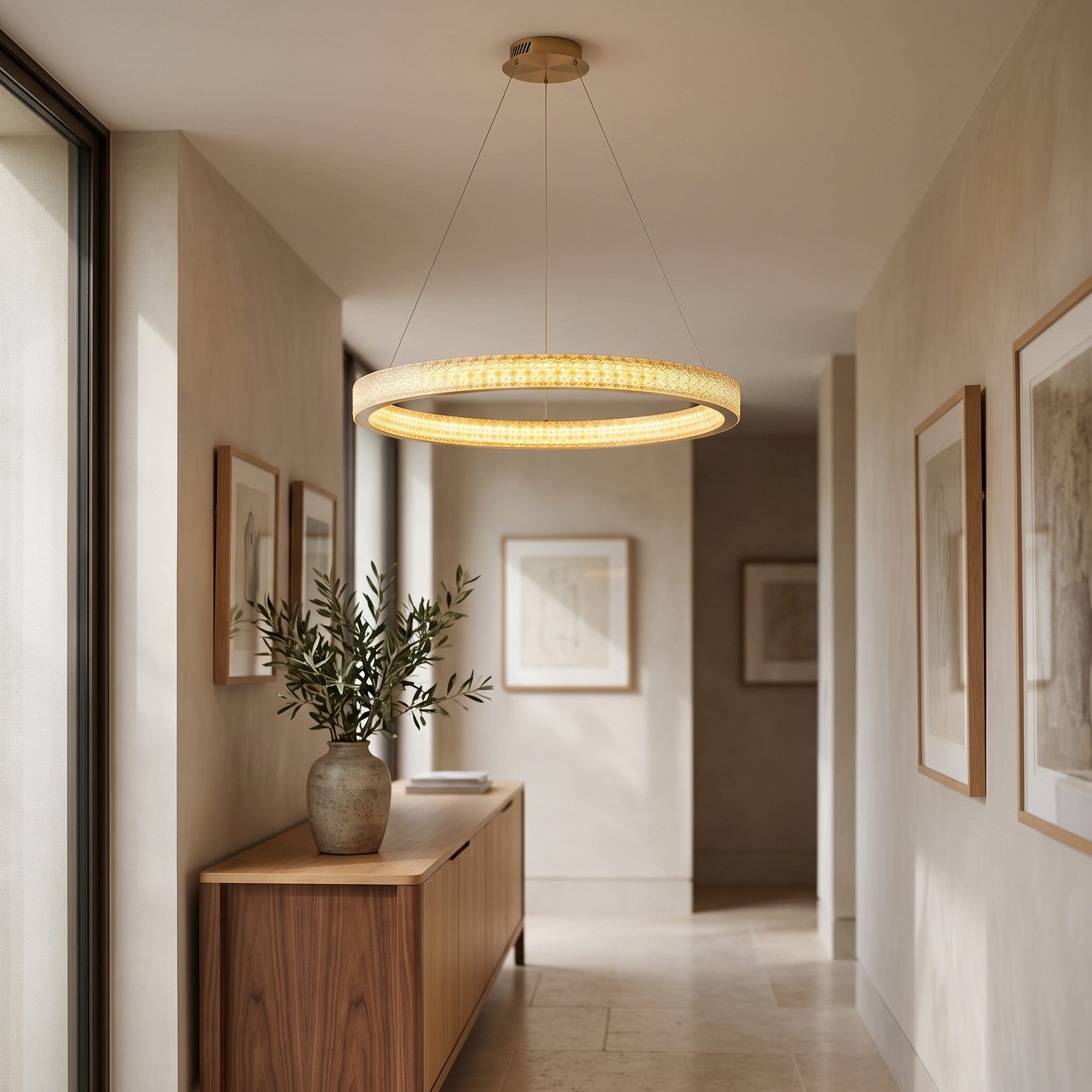 Lumeva Circular LED Chandelier in a gallery hallway