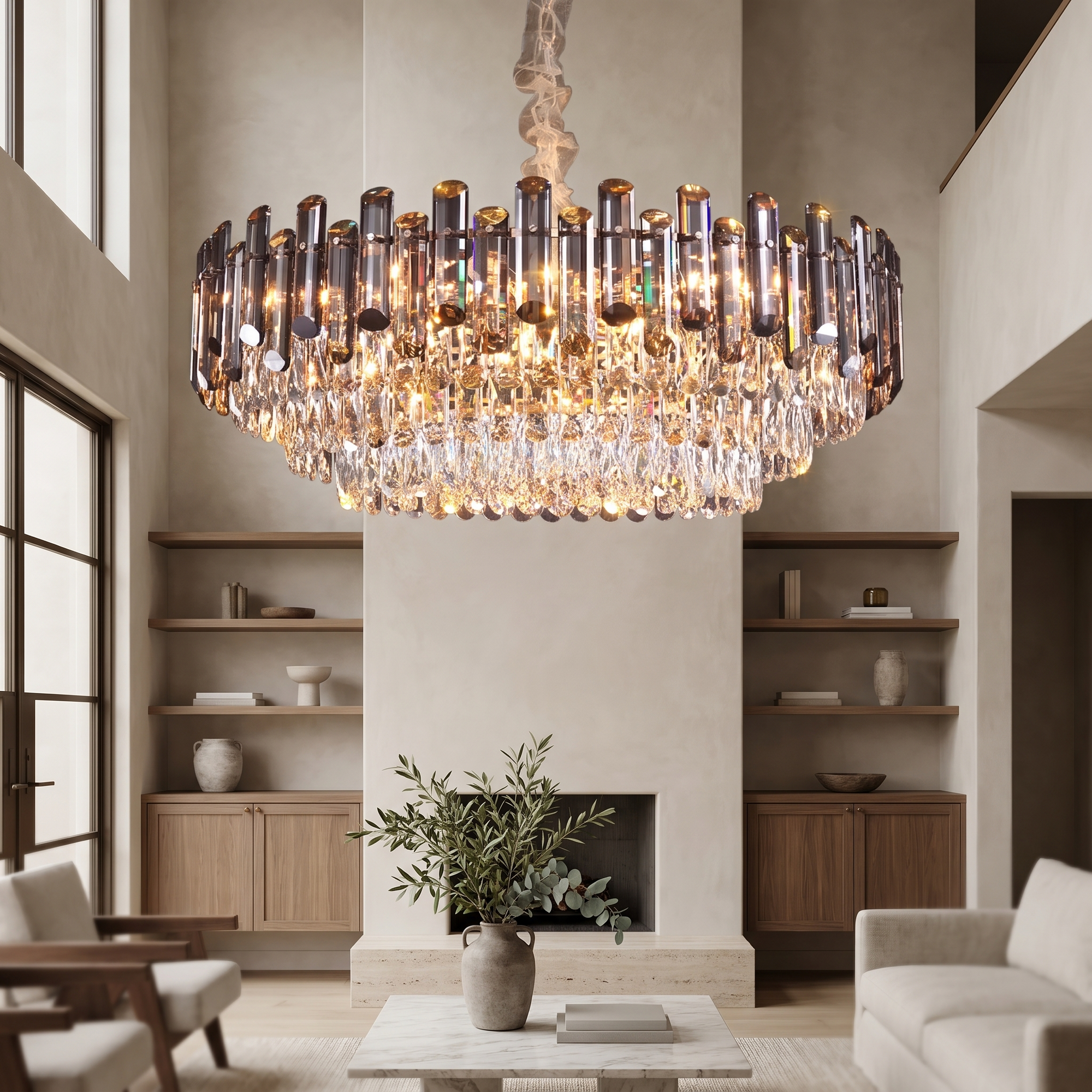 Kessaria Drum Crystal Chandelier in a double-height living room