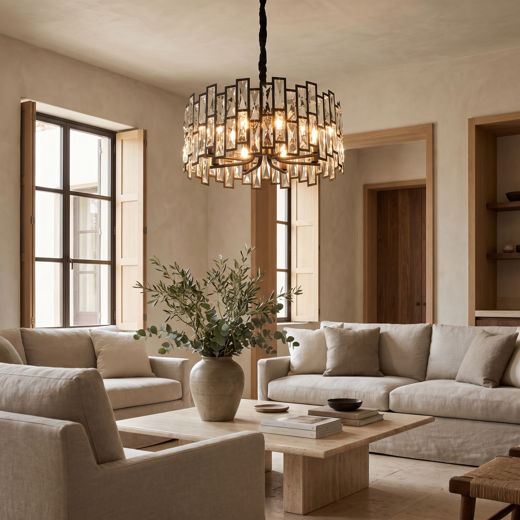 Levanth Postmodern Crystal Chandelier in a coastal living room