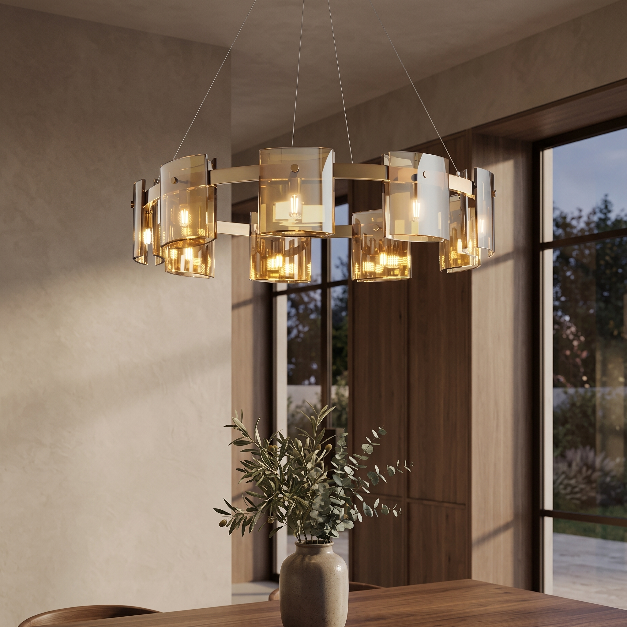Ostiere Ringed LED Chandelier in a dusk-lit dining room