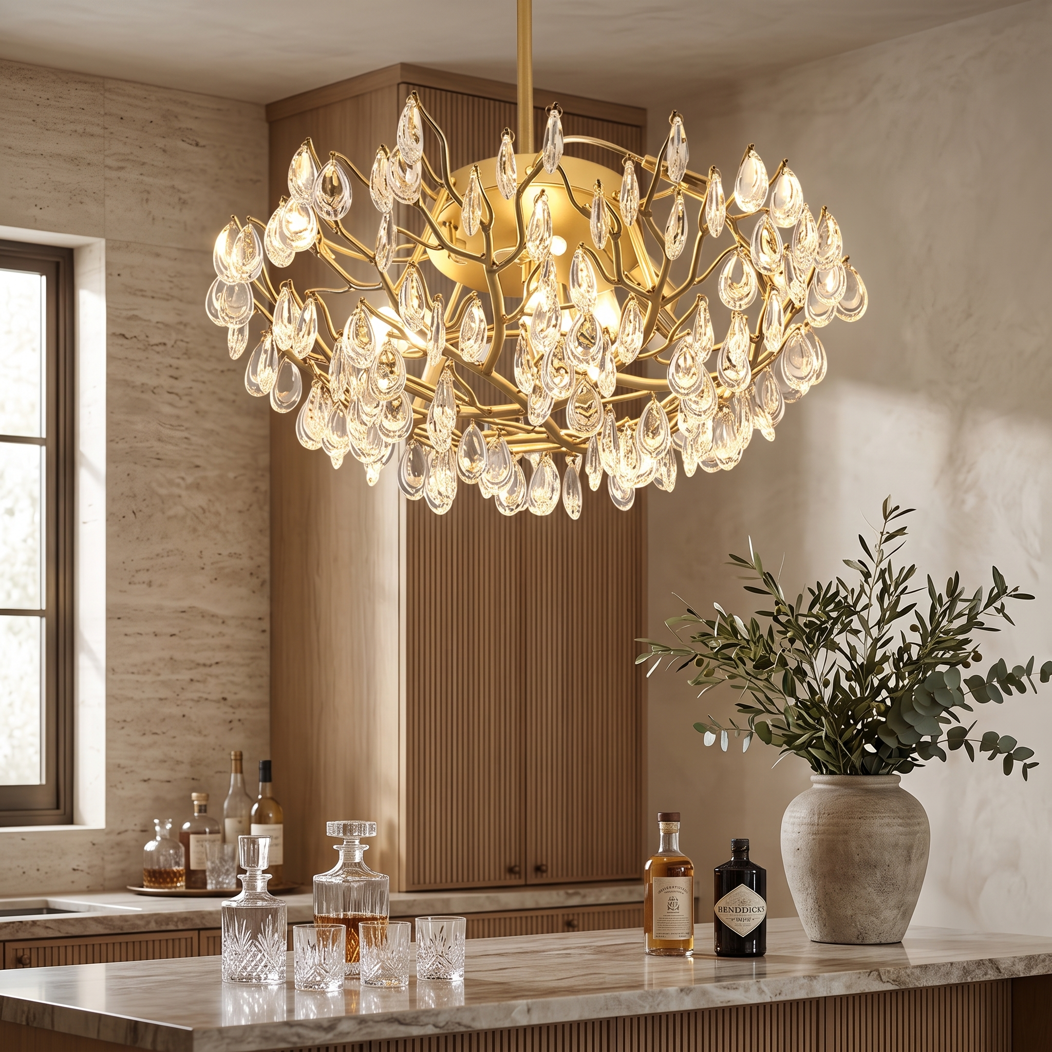 Nostrel Crystal Sputnik Chandelier in a home bar