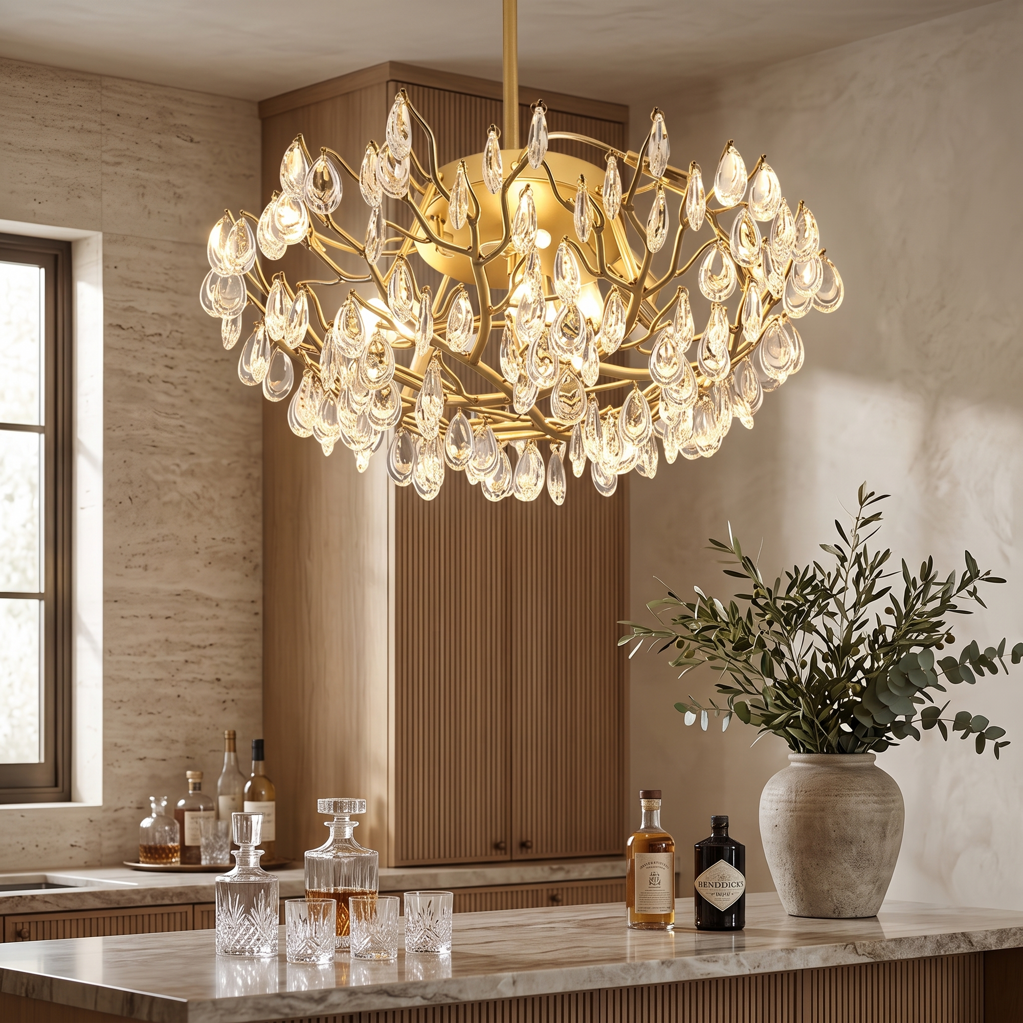 Nostrel Crystal Sputnik Chandelier in a home bar