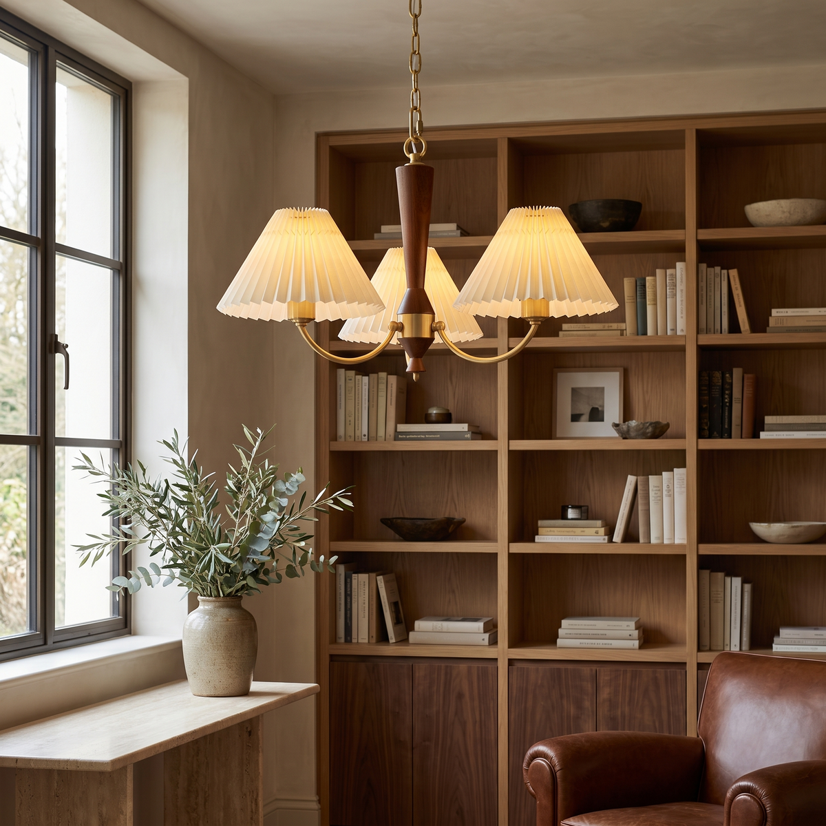 Palvane Pleated Shade Chandelier in a home library