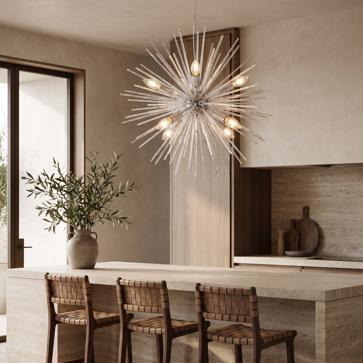 Nolvane Starburst Chandelier over a kitchen island