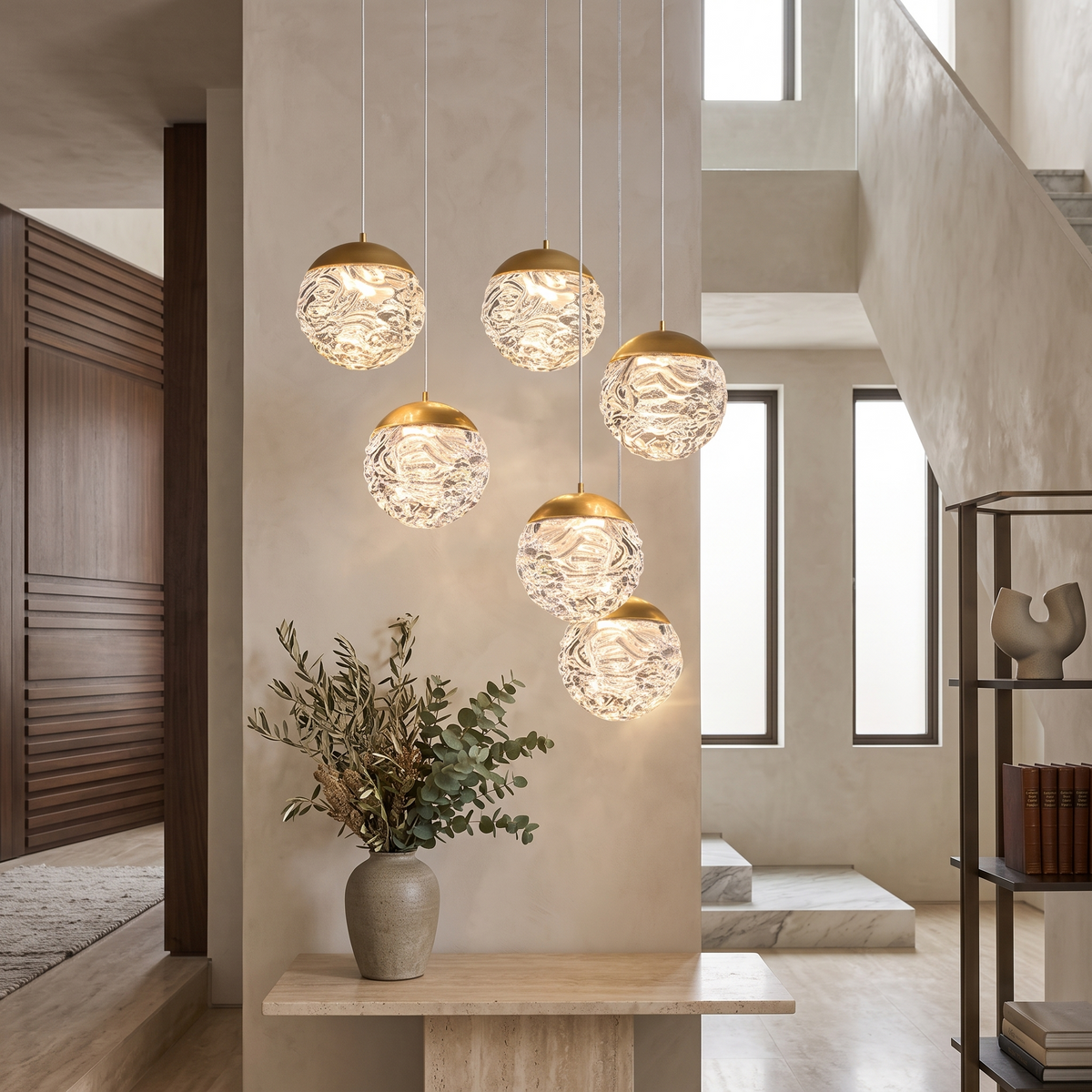 Tarenne Textured Glass Chandelier in an entry foyer stairwell
