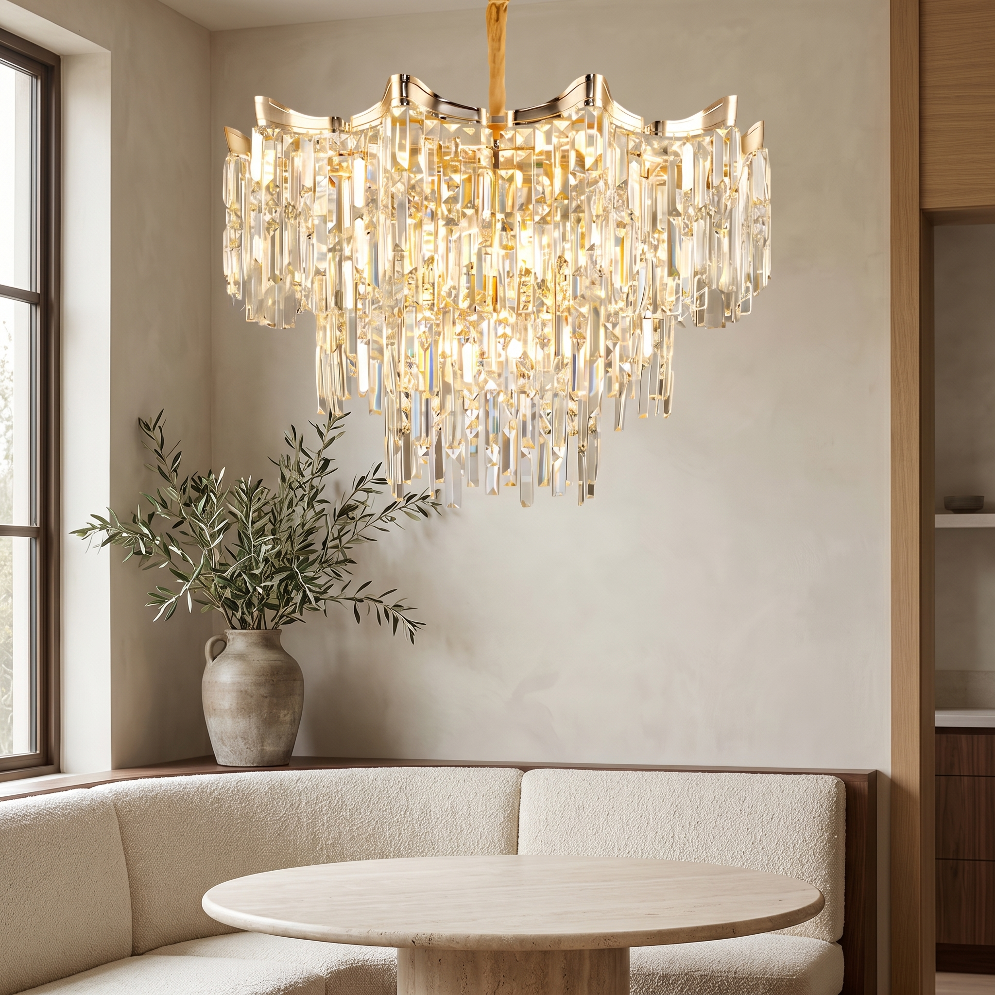 Rivenne Tiered Crystal Chandelier in a banquette dining corner
