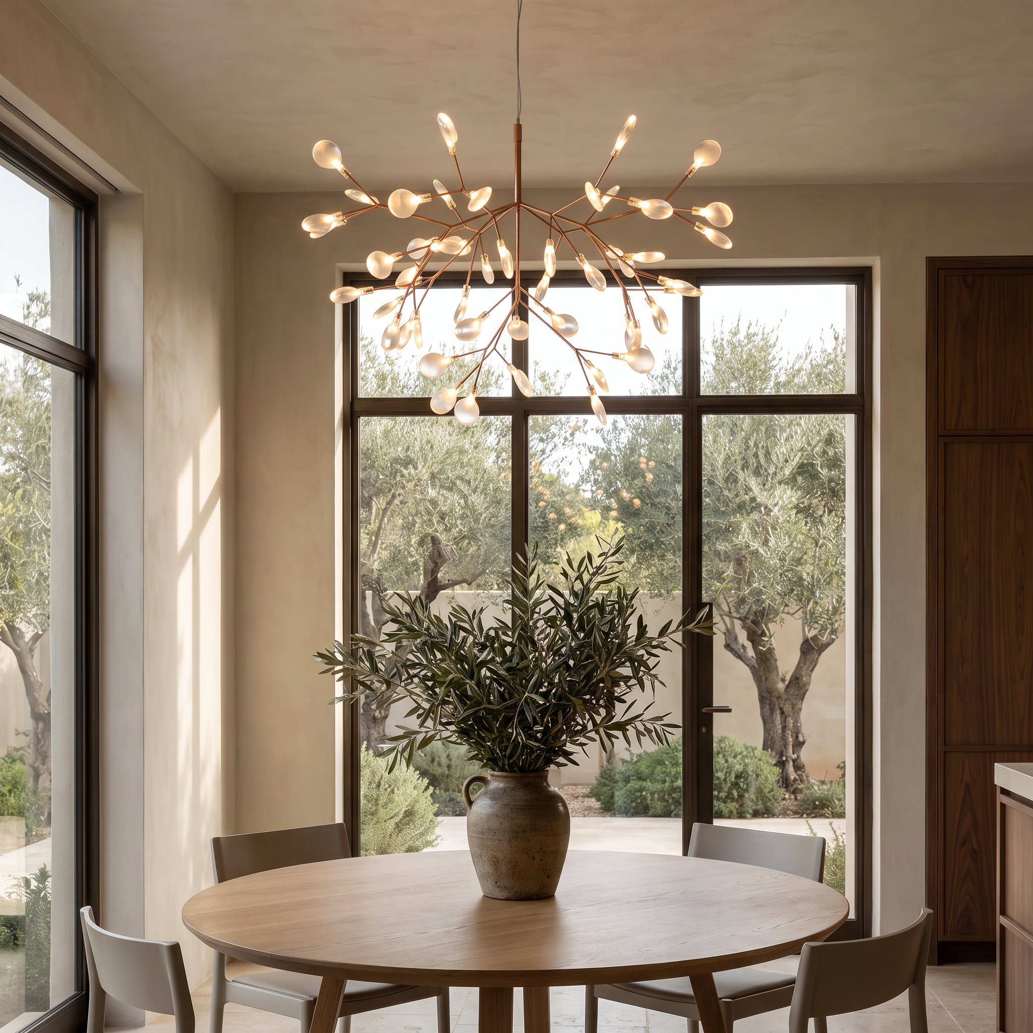 Quarelle Copper Sputnik Chandelier in a garden dining room