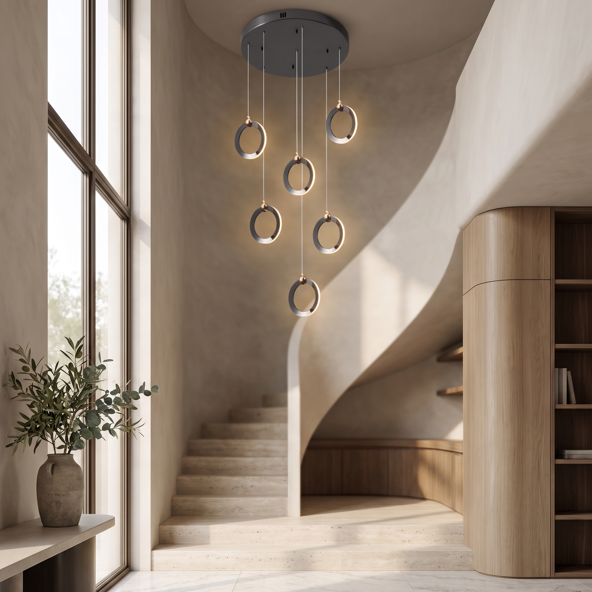 Wrenholt Modern Ring Chandelier in a spiral staircase void