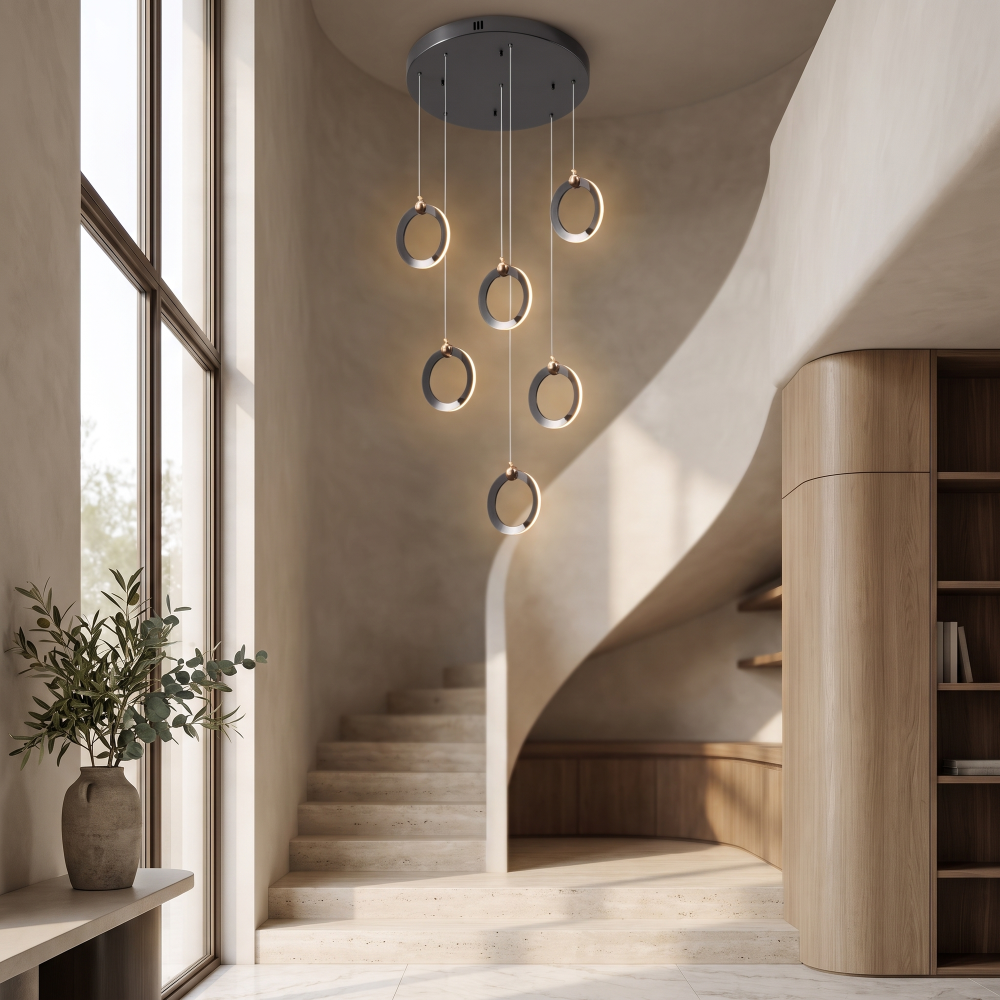 Wrenholt Modern Ring Chandelier in a spiral staircase void