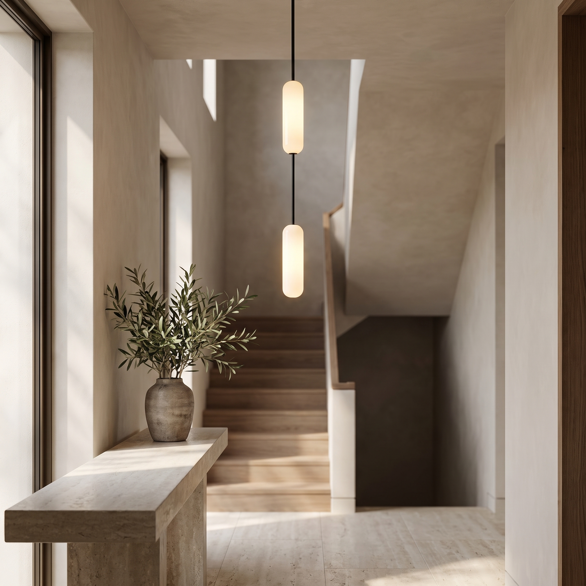 Wavelle Frosted Tube Pendant Light in an entry foyer stairwell