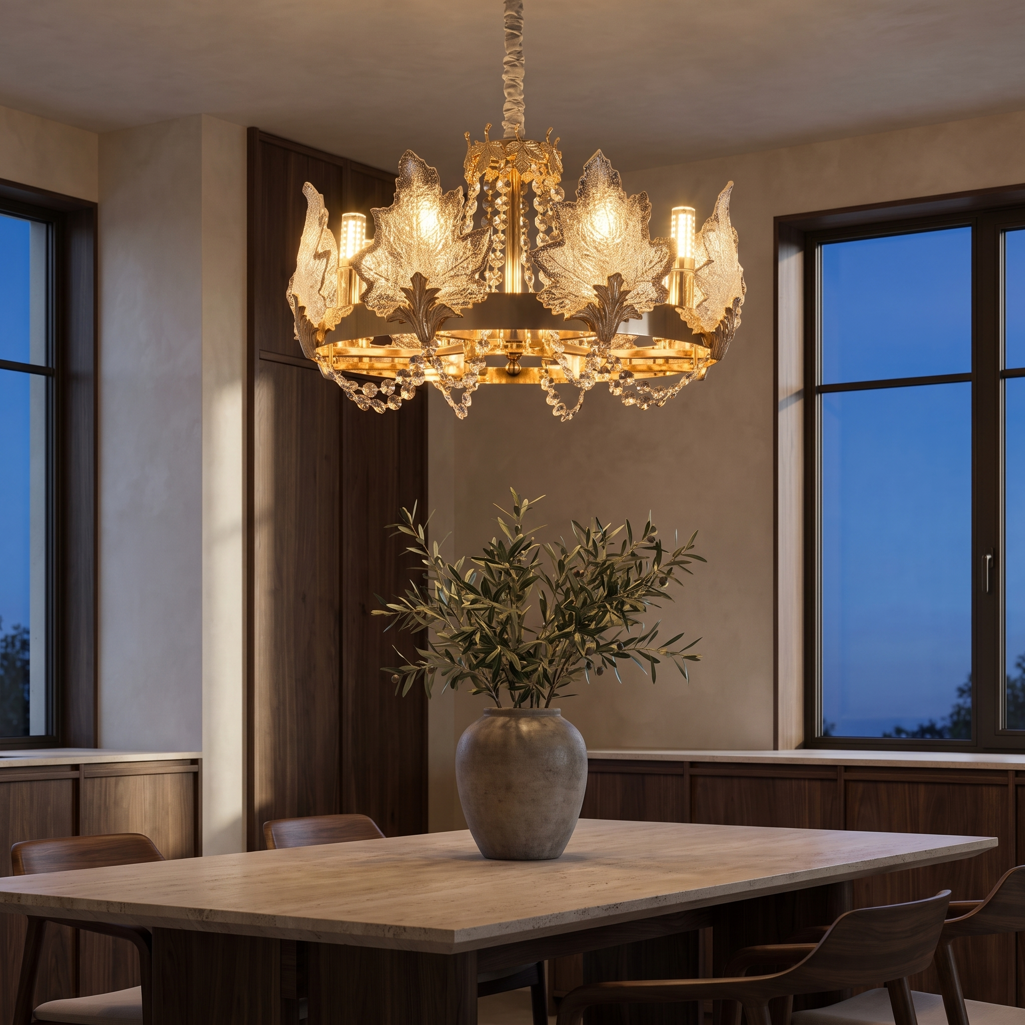 Xaviere French Crystal Chandelier in a dusk-lit dining room