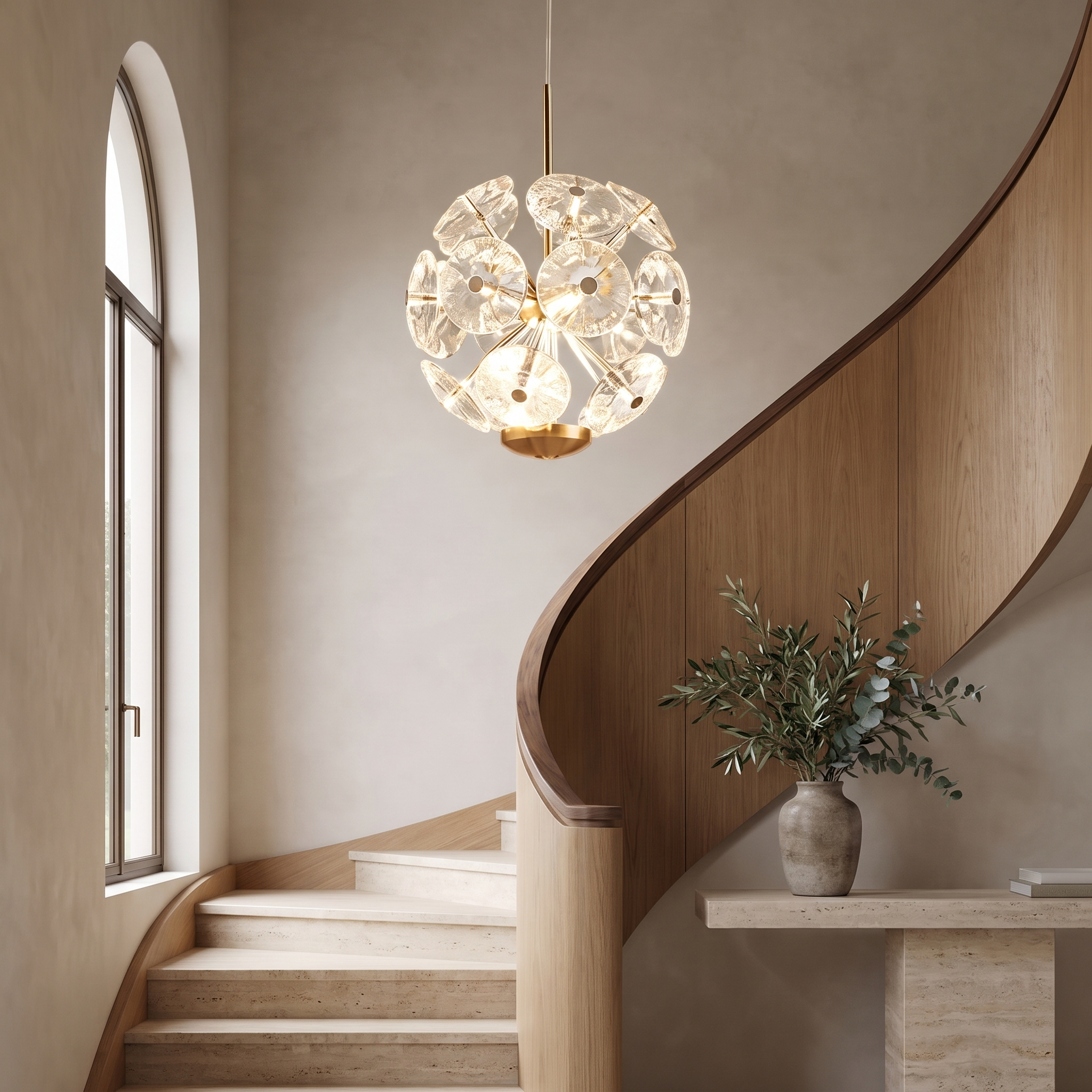 Umbrisse Gold Crystal Chandelier over a sweeping staircase