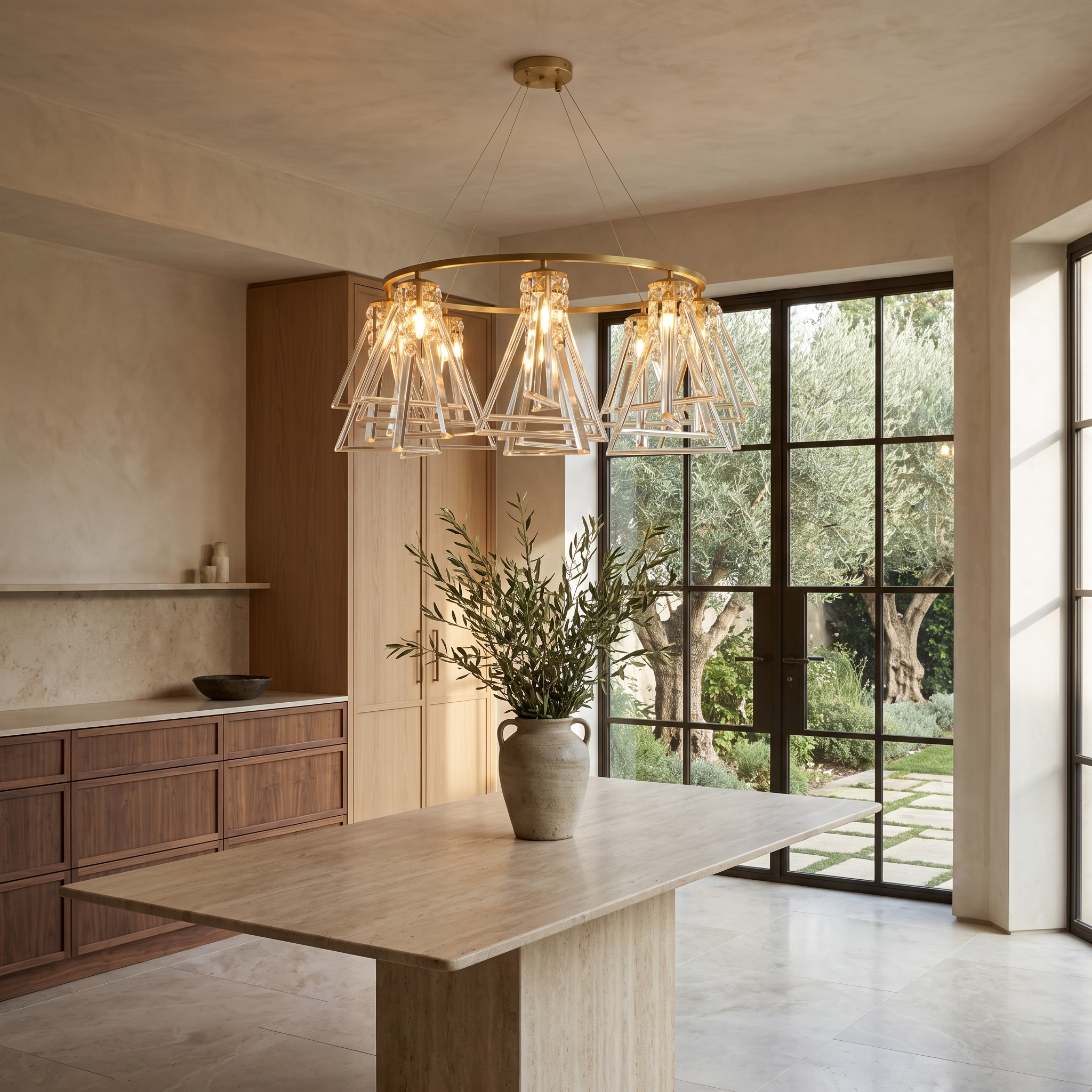 Xylestra Slim Crystal Chandelier in a garden dining room