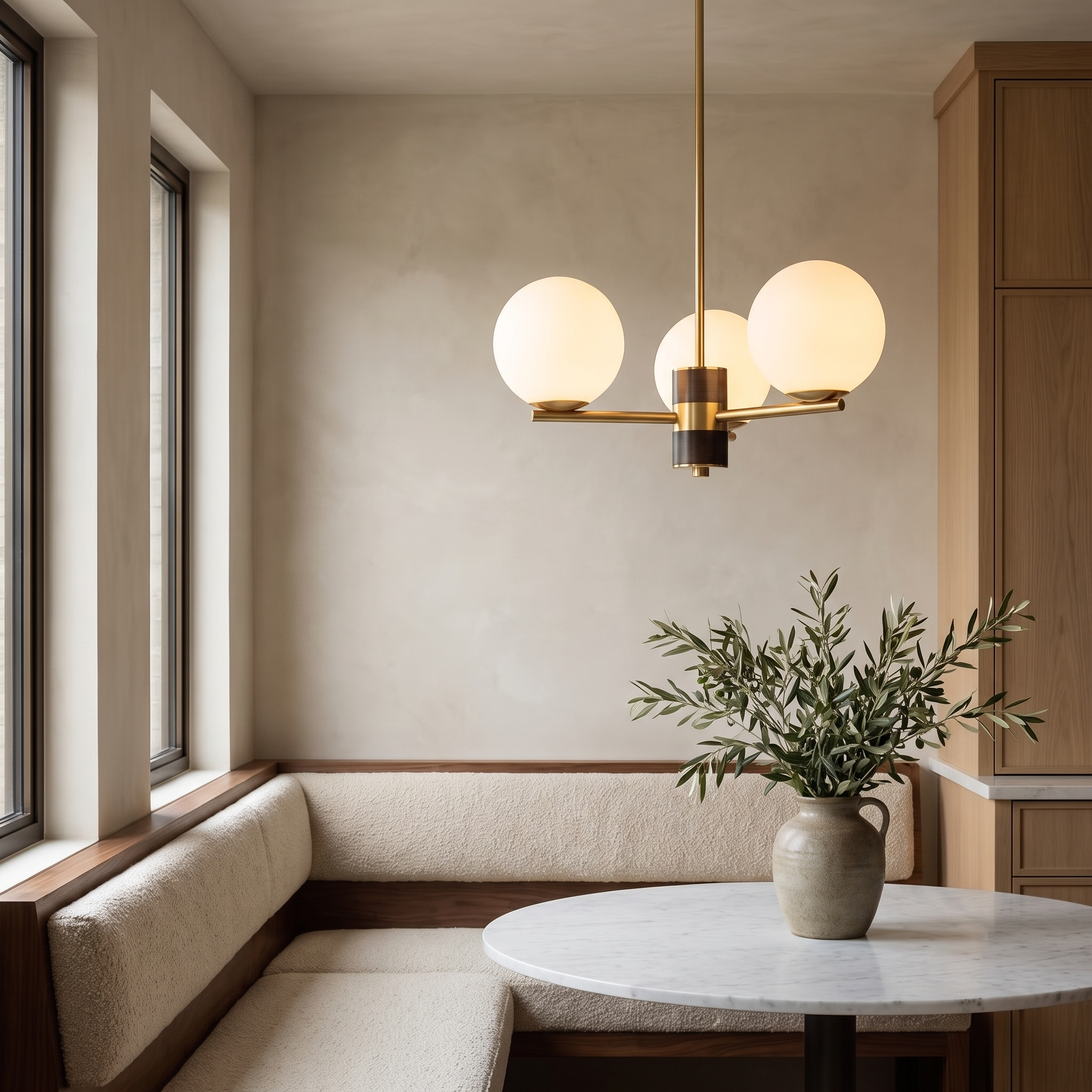 Zanthiel Asymmetric Copper Chandelier in a banquette dining corner