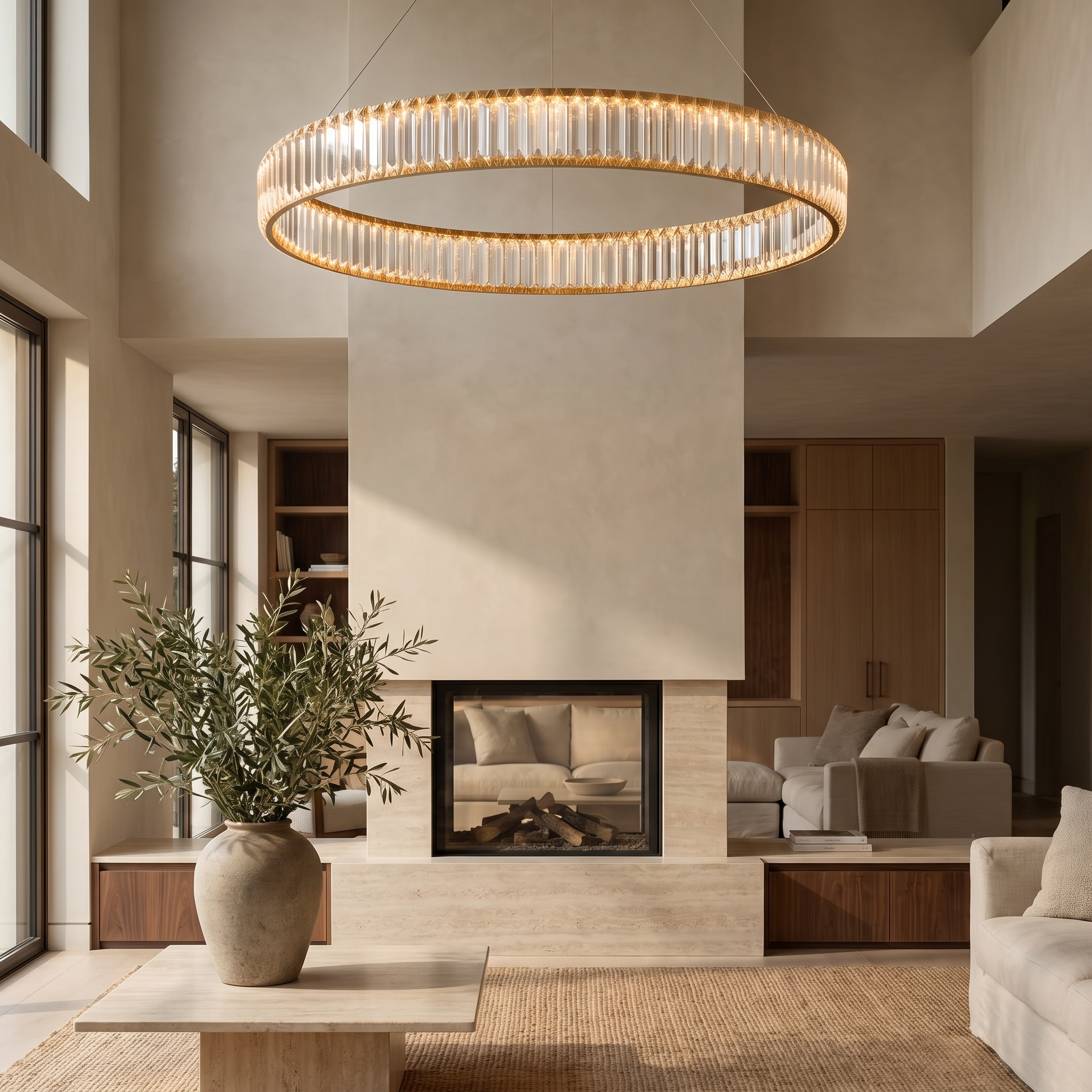 Ymberis Ring Crystal Chandelier in a double-height living room