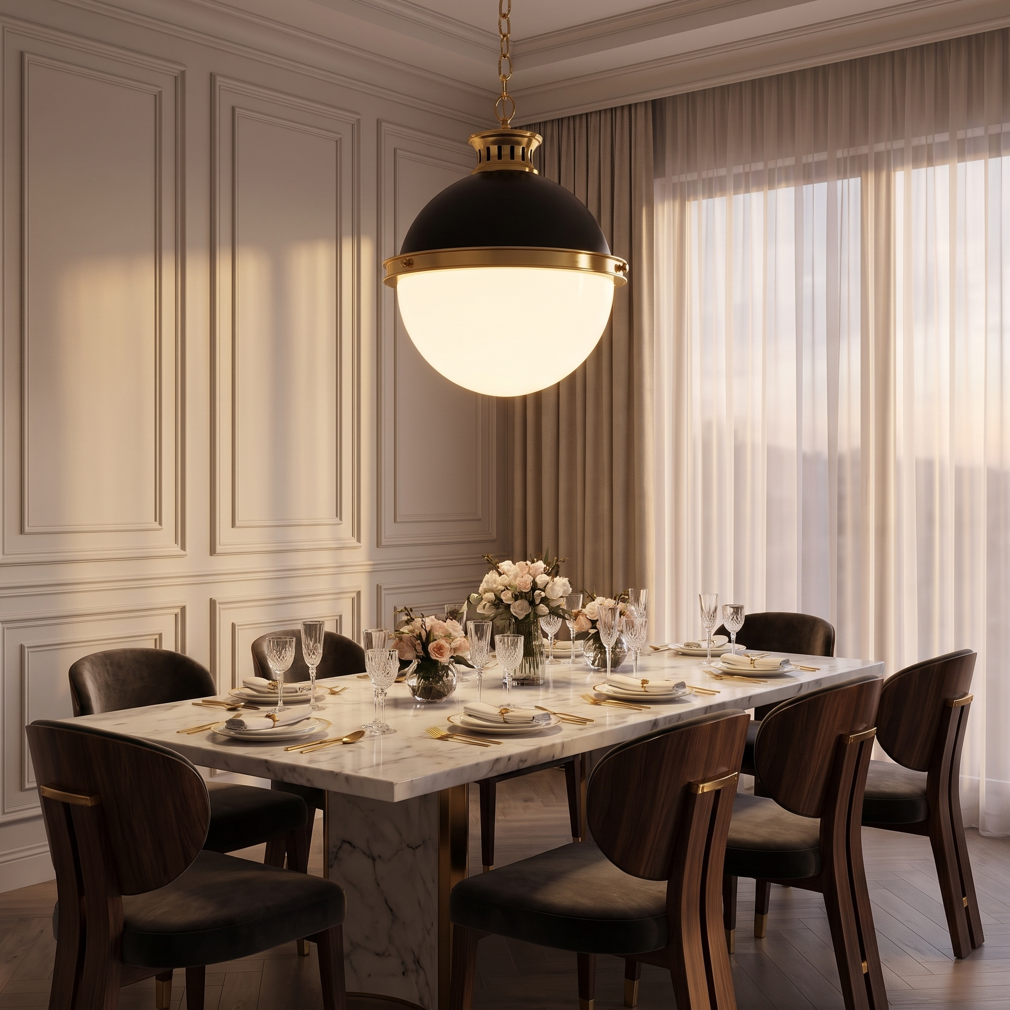 Belmoro pendant light above a marble dining table
