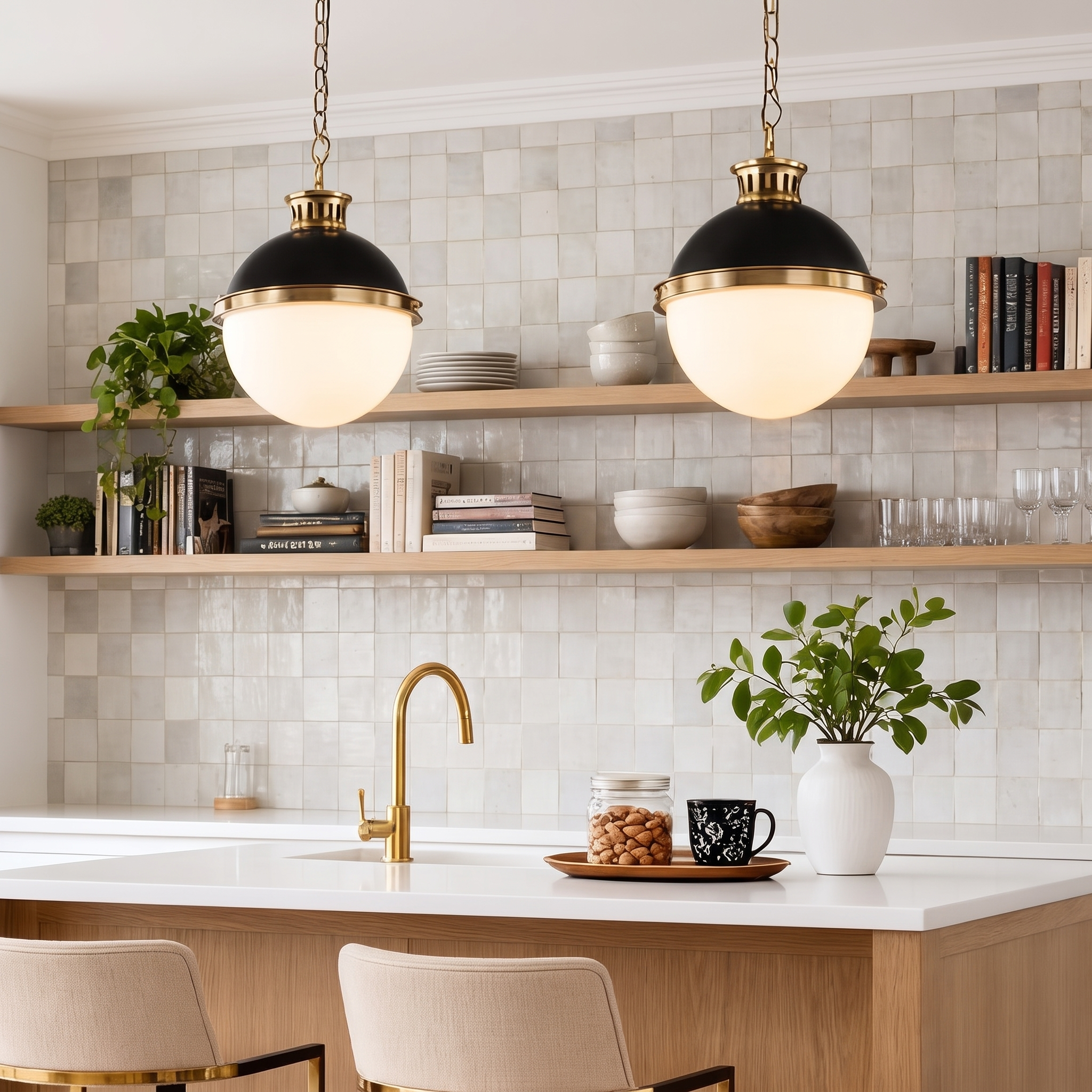Belmoro pendant light in a kitchen with tiled splashback and open shelving