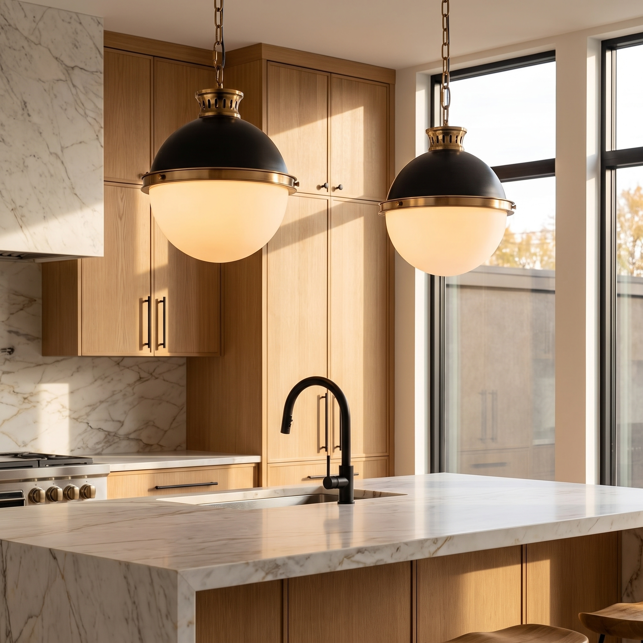 Belmoro glass globe pendant light over a marble kitchen island